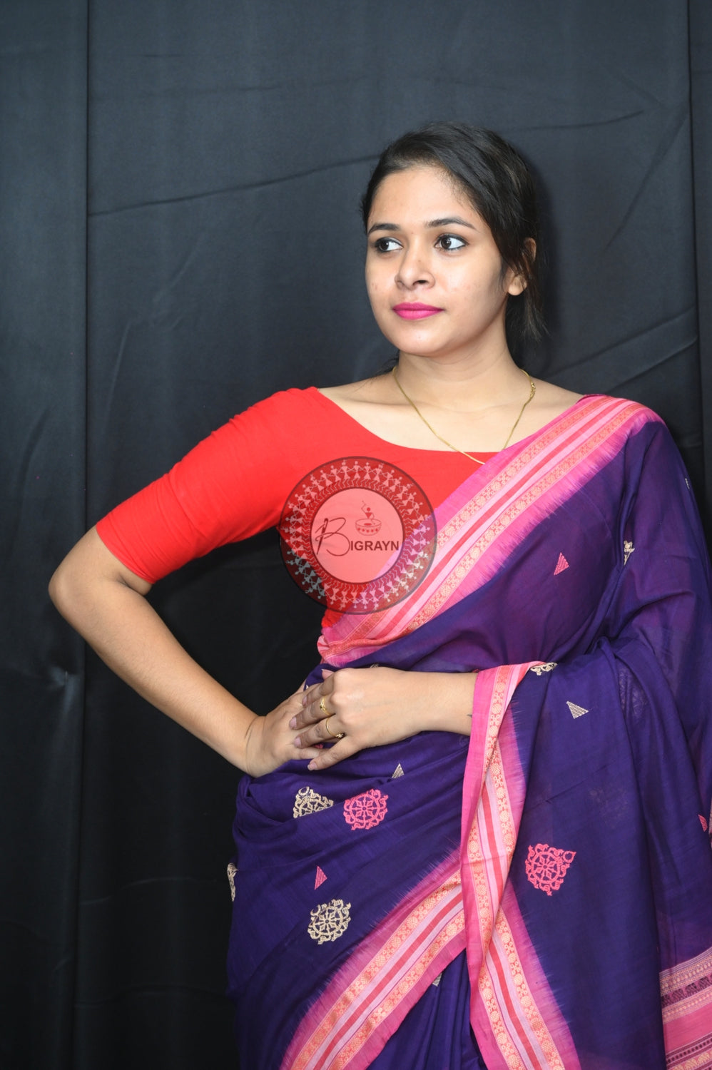 Blue Pink Sri Mandir Sambalpuri Cotton Saree