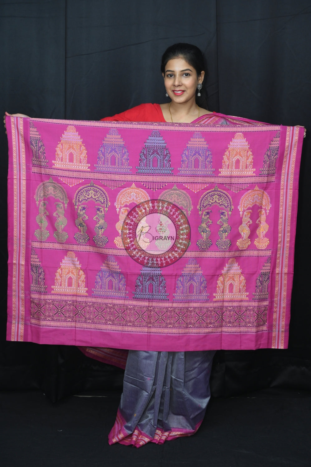 Grey Pink Konark Jaala Sambalpuri Cotton Saree