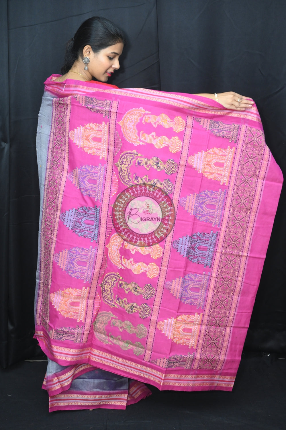 Grey Pink Konark Jaala Sambalpuri Cotton Saree