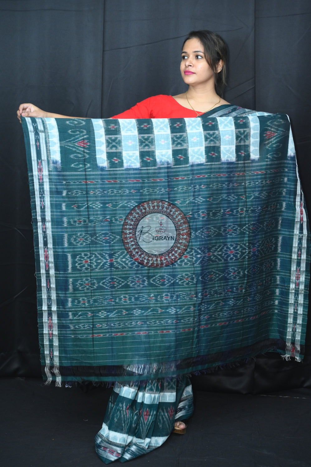 White Green Hycco Khandua Cotton Saree