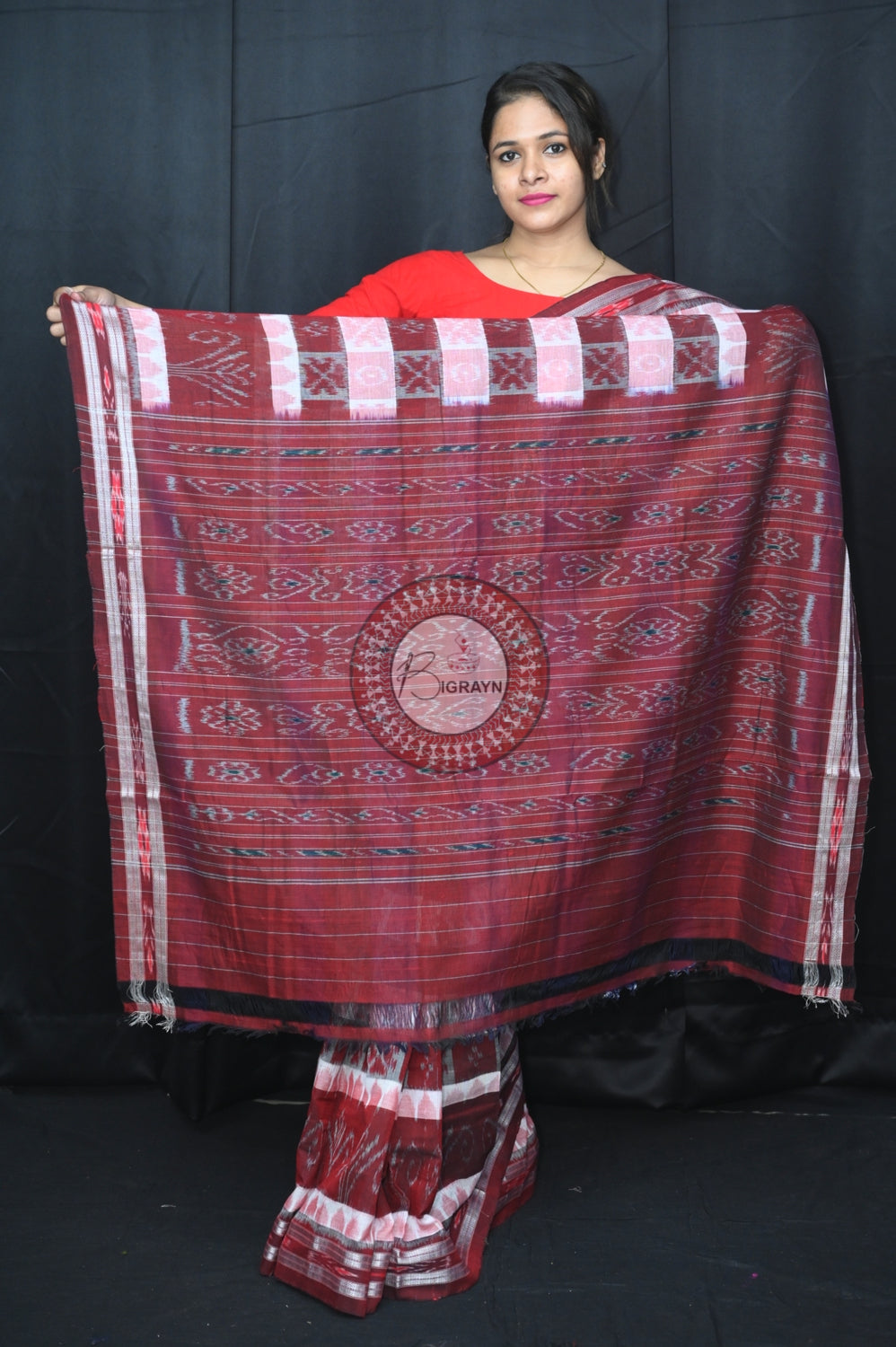 White Maroon Hycco Khandua Cotton Saree