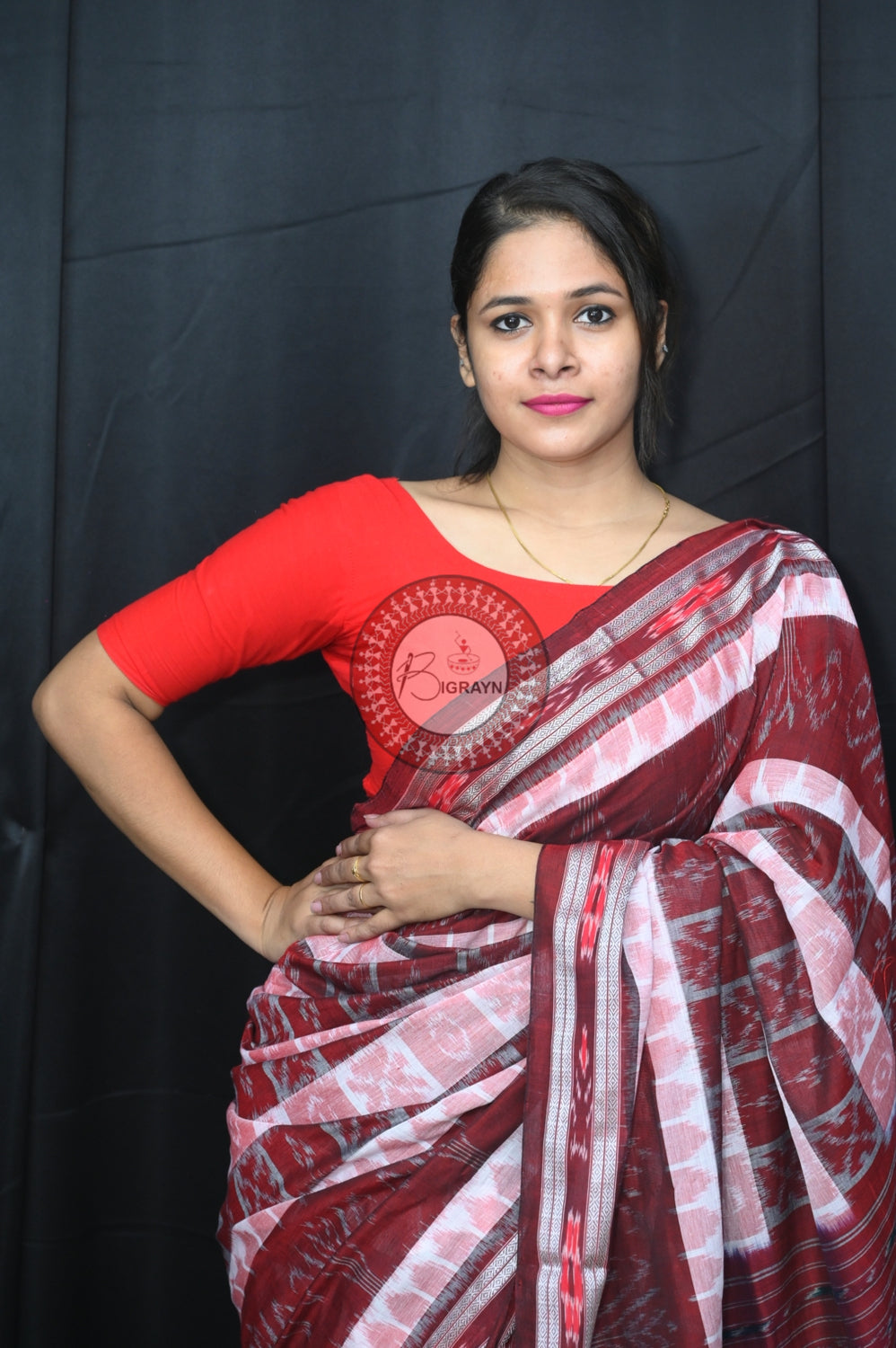 White Maroon Hycco Khandua Cotton Saree