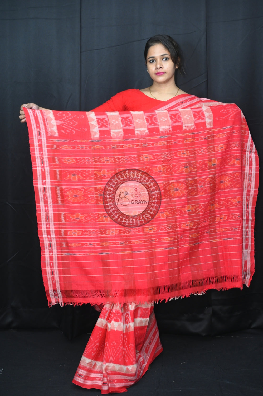 White Red Hycco Khandua Cotton Saree