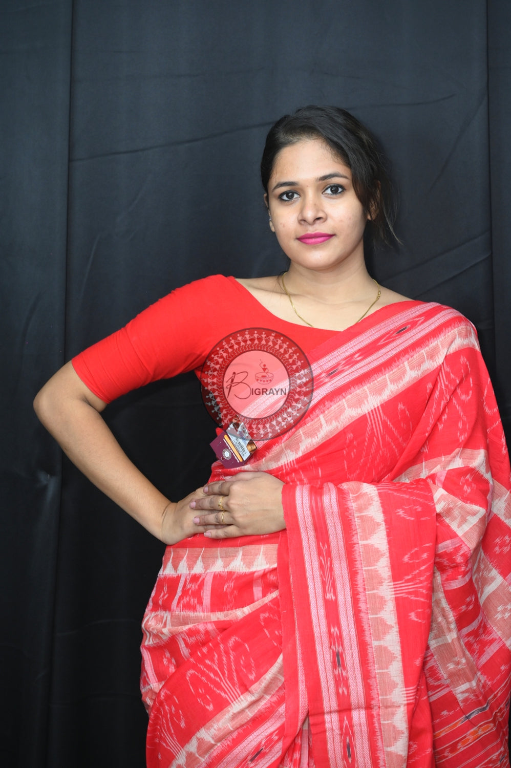 White Red Hycco Khandua Cotton Saree