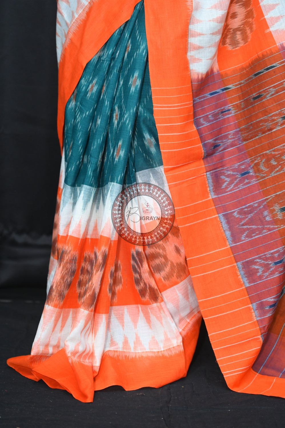 Green White Orange 7D Khandua Cotton Saree