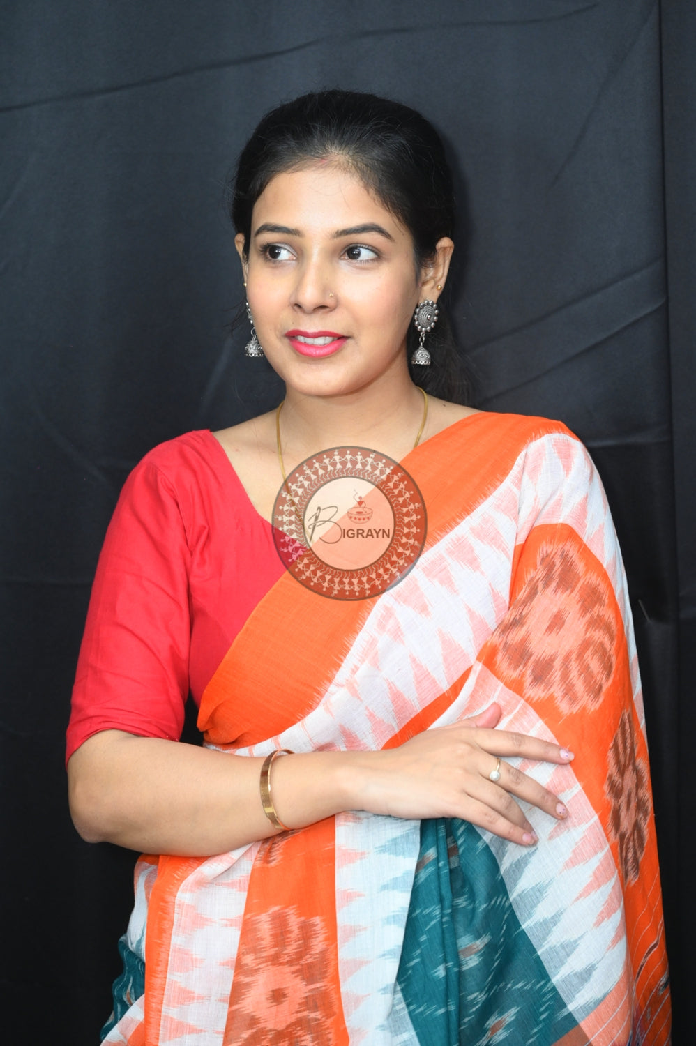 Green White Orange 7D Khandua Cotton Saree