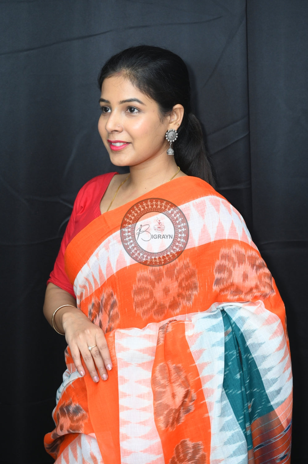 Green White Orange Pasapali 7D Khandua Cotton Saree