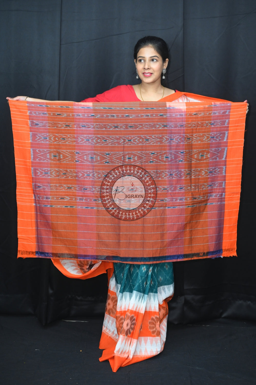 Green White Orange 7D Khandua Cotton Saree