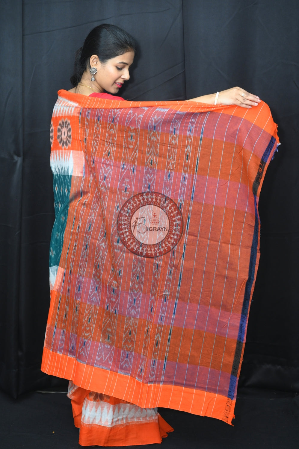 Green White Orange 7D Khandua Cotton Saree
