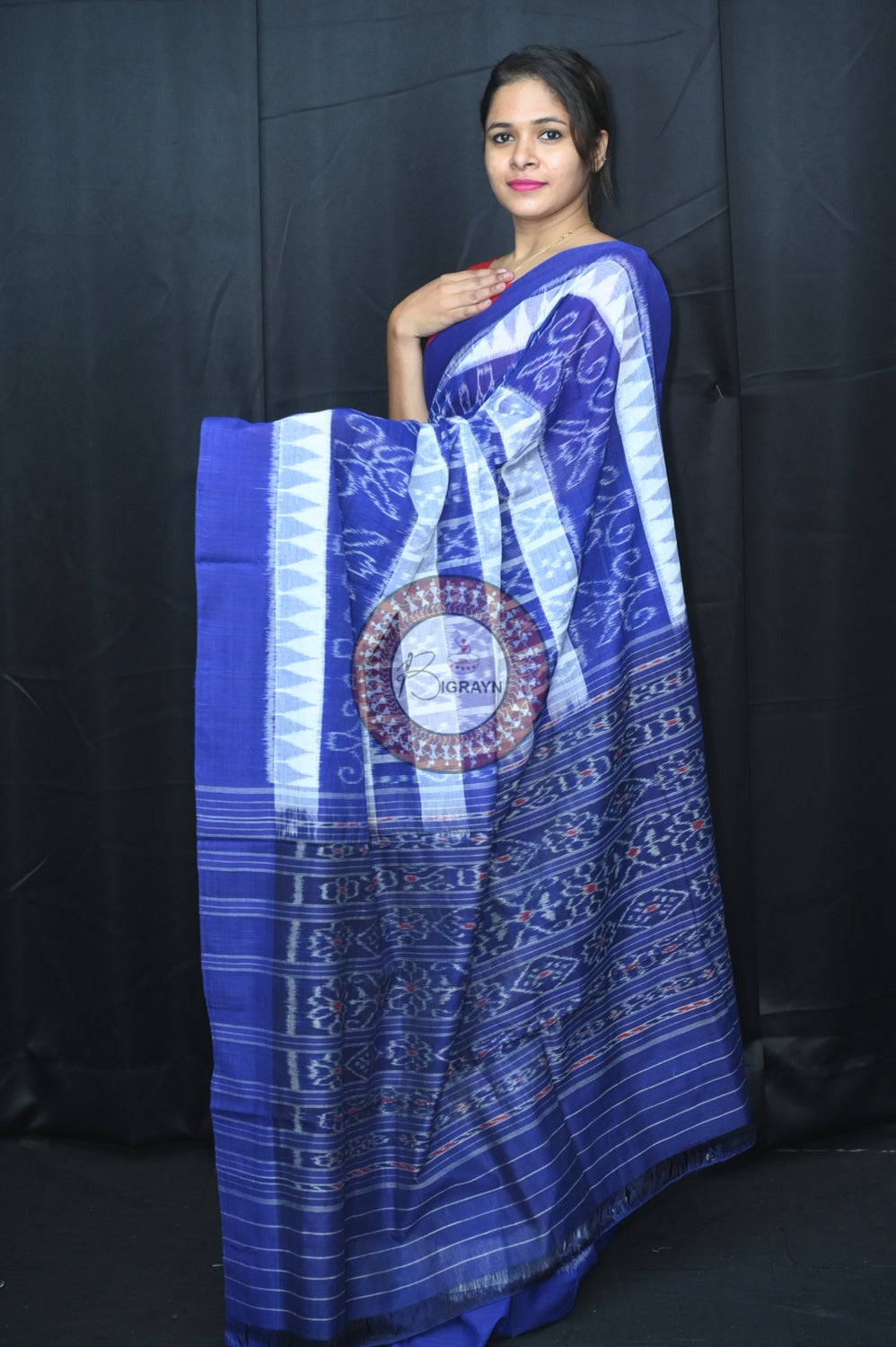 White Blue Hycco Khandua Cotton Saree
