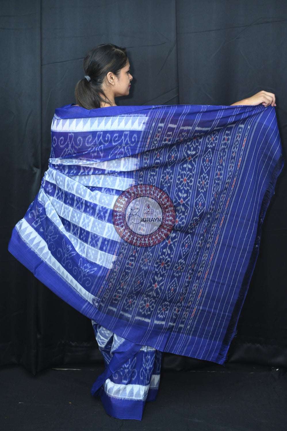 White Blue Hycco Khandua Cotton Saree