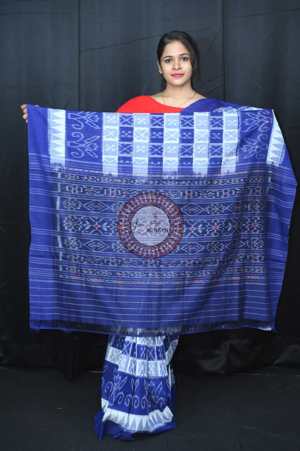 White Blue Hycco Khandua Cotton Saree