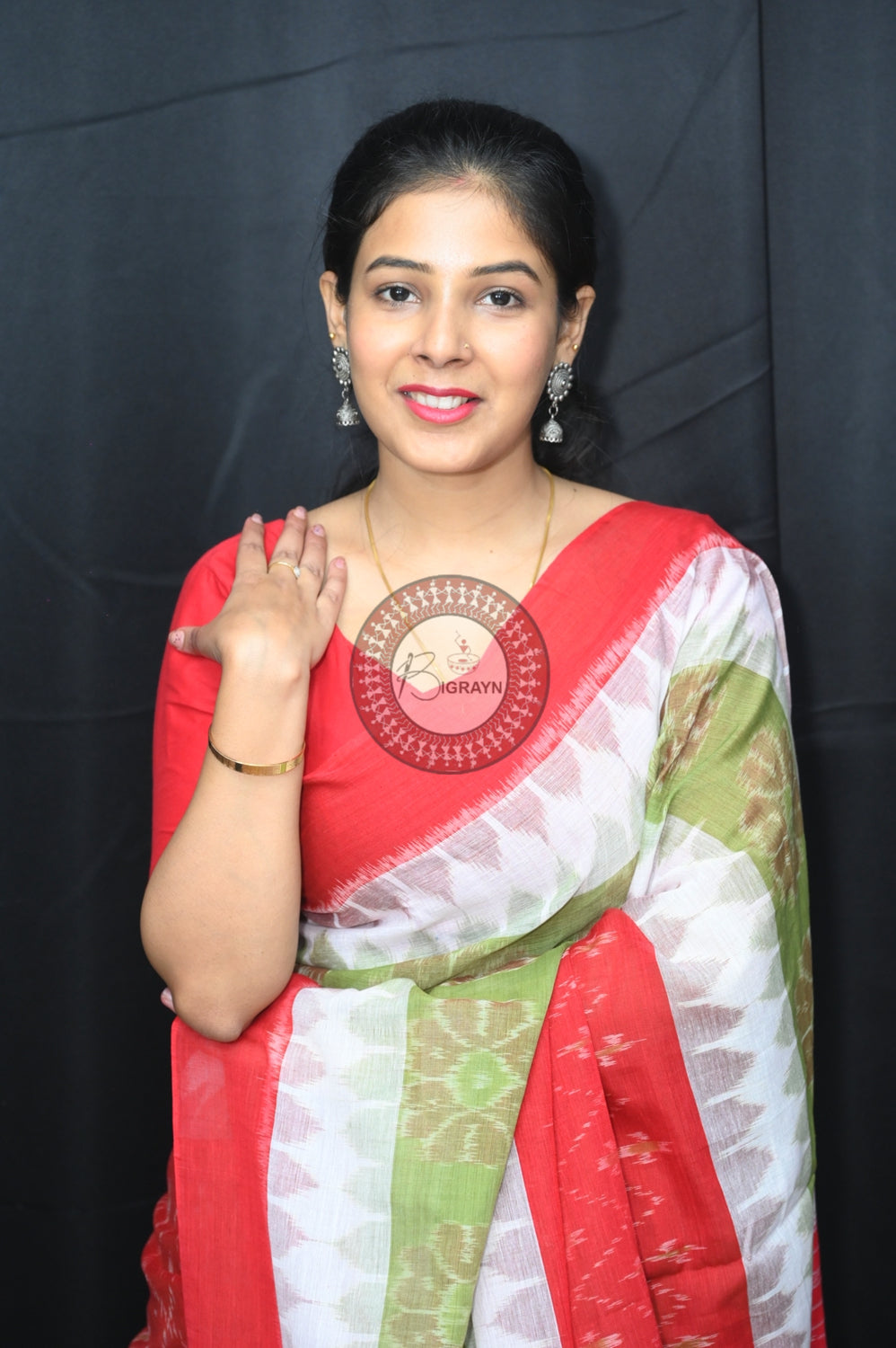 Mehndi White Maroon 7D Khandua Cotton Saree
