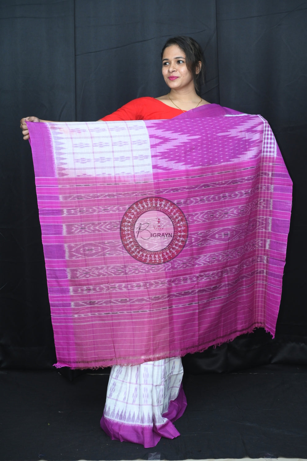 White Purple Scot Kargil Khandua Cotton Saree