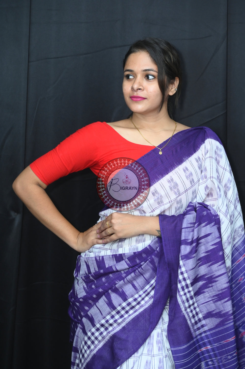 White Violet Scot Kargil Khandua Cotton Saree