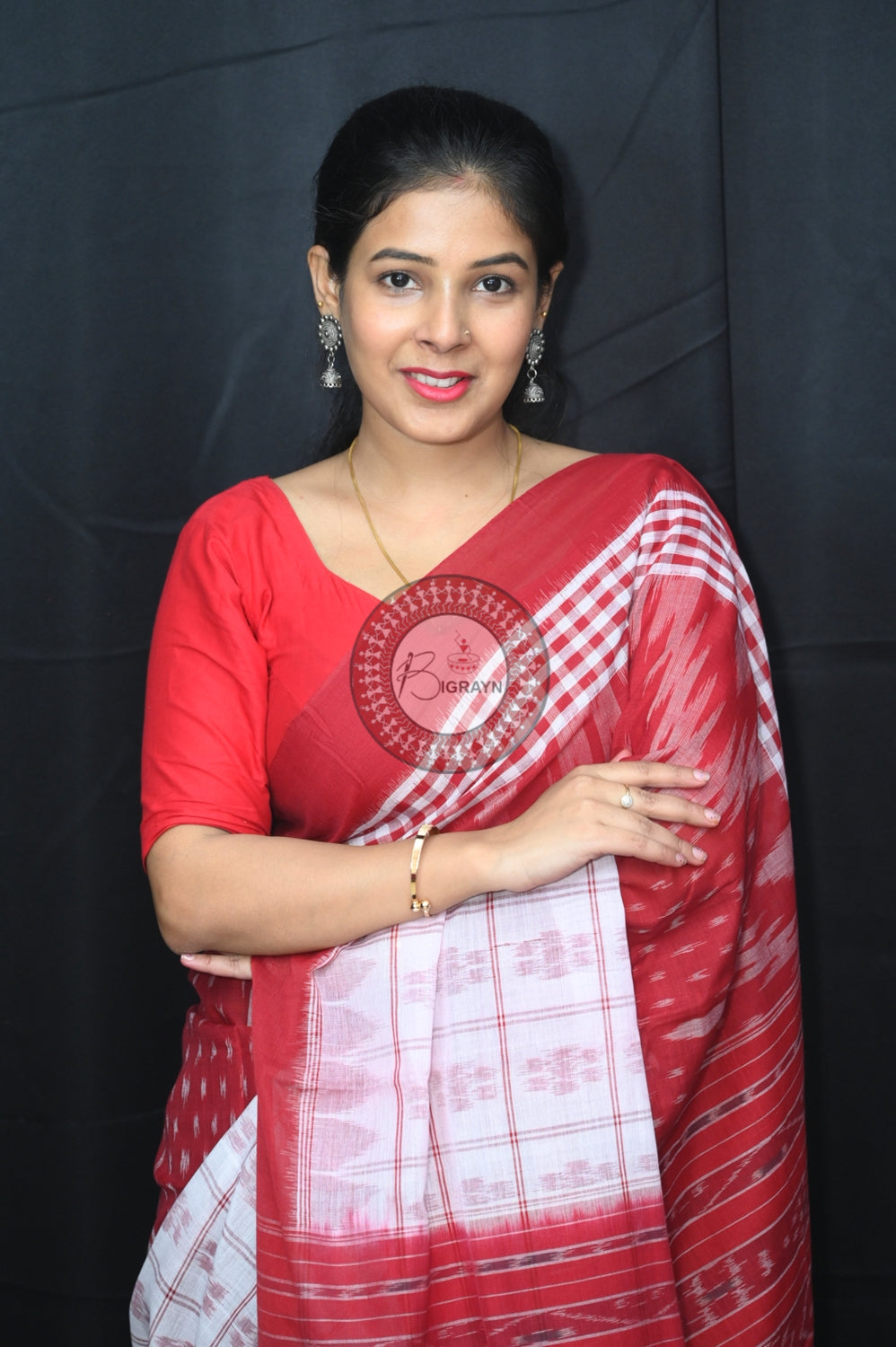 White Maroon Scot Kargil Khandua Cotton Saree