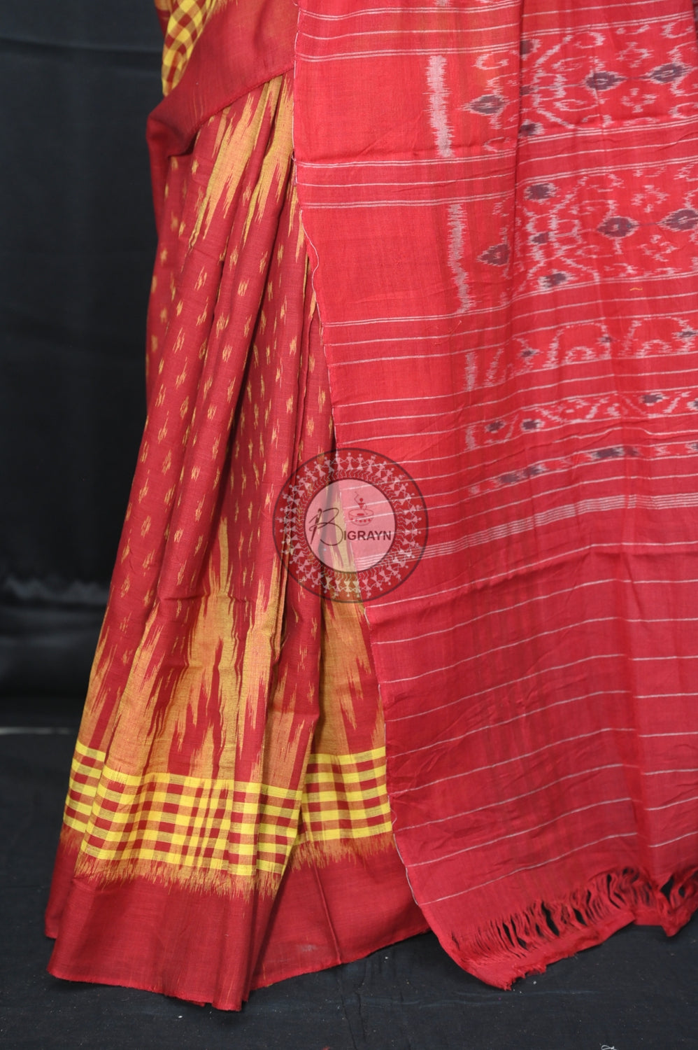 Yellow Maroon Scot Kargil Khandua Cotton Saree