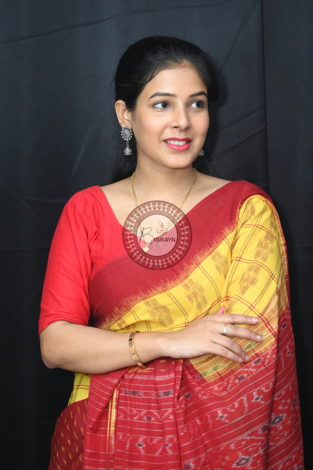 Yellow Maroon Scot Kargil Khandua Cotton Saree