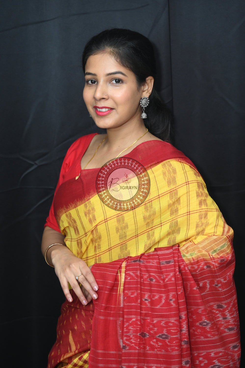 Yellow Maroon Scot Kargil Khandua Cotton Saree