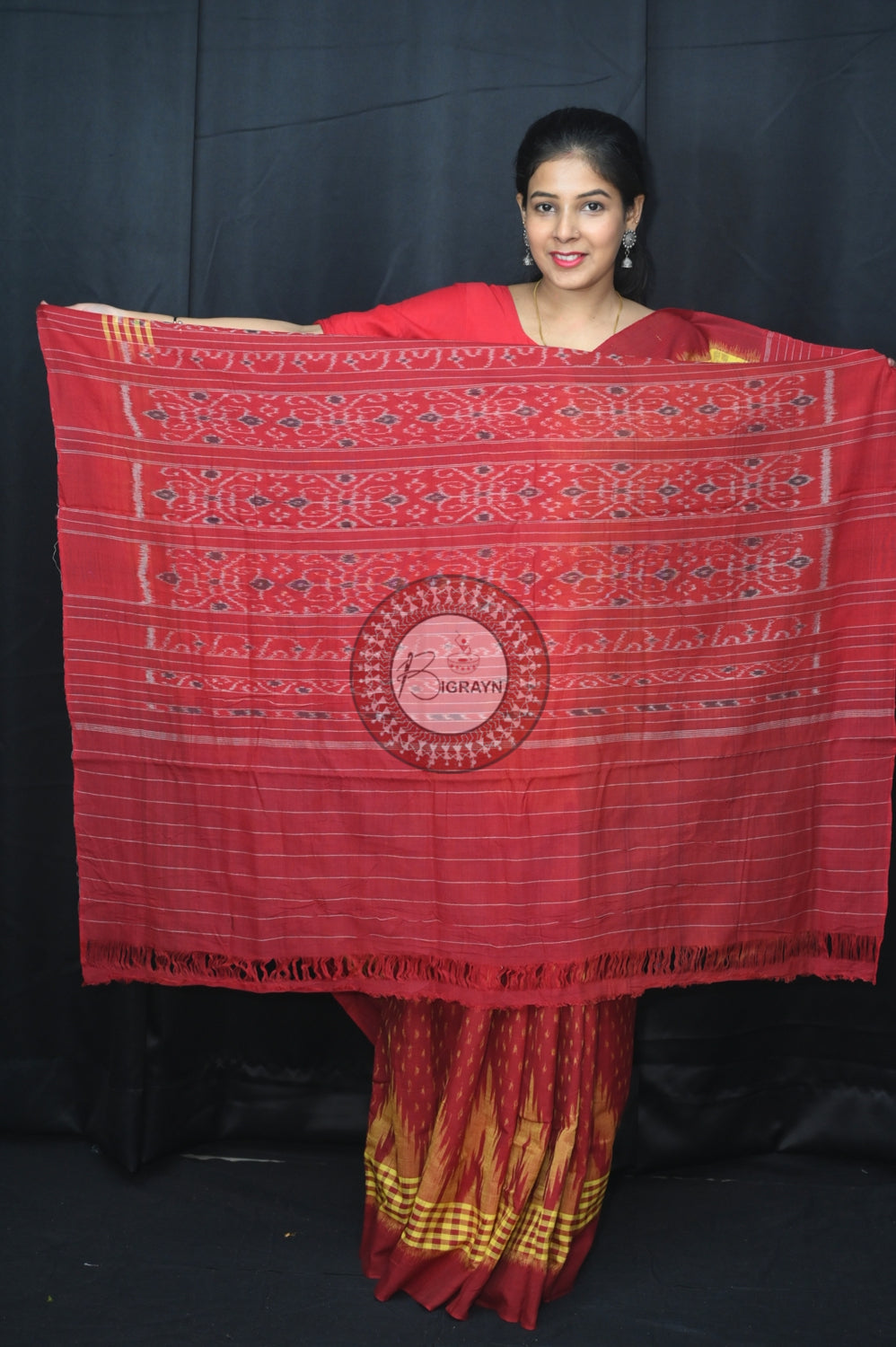 Yellow Maroon Scot Kargil Khandua Cotton Saree