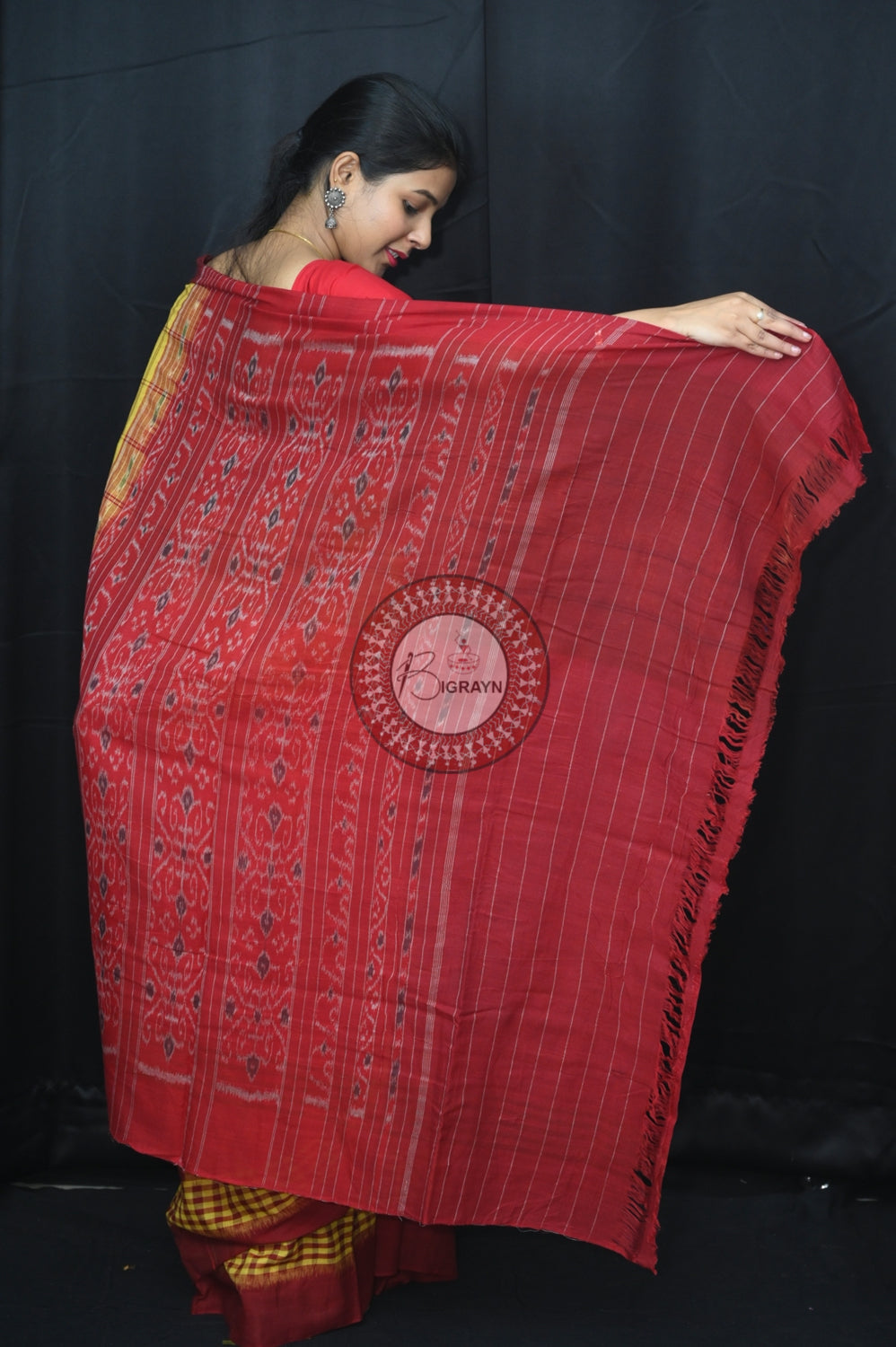 Yellow Maroon Scot Kargil Khandua Cotton Saree