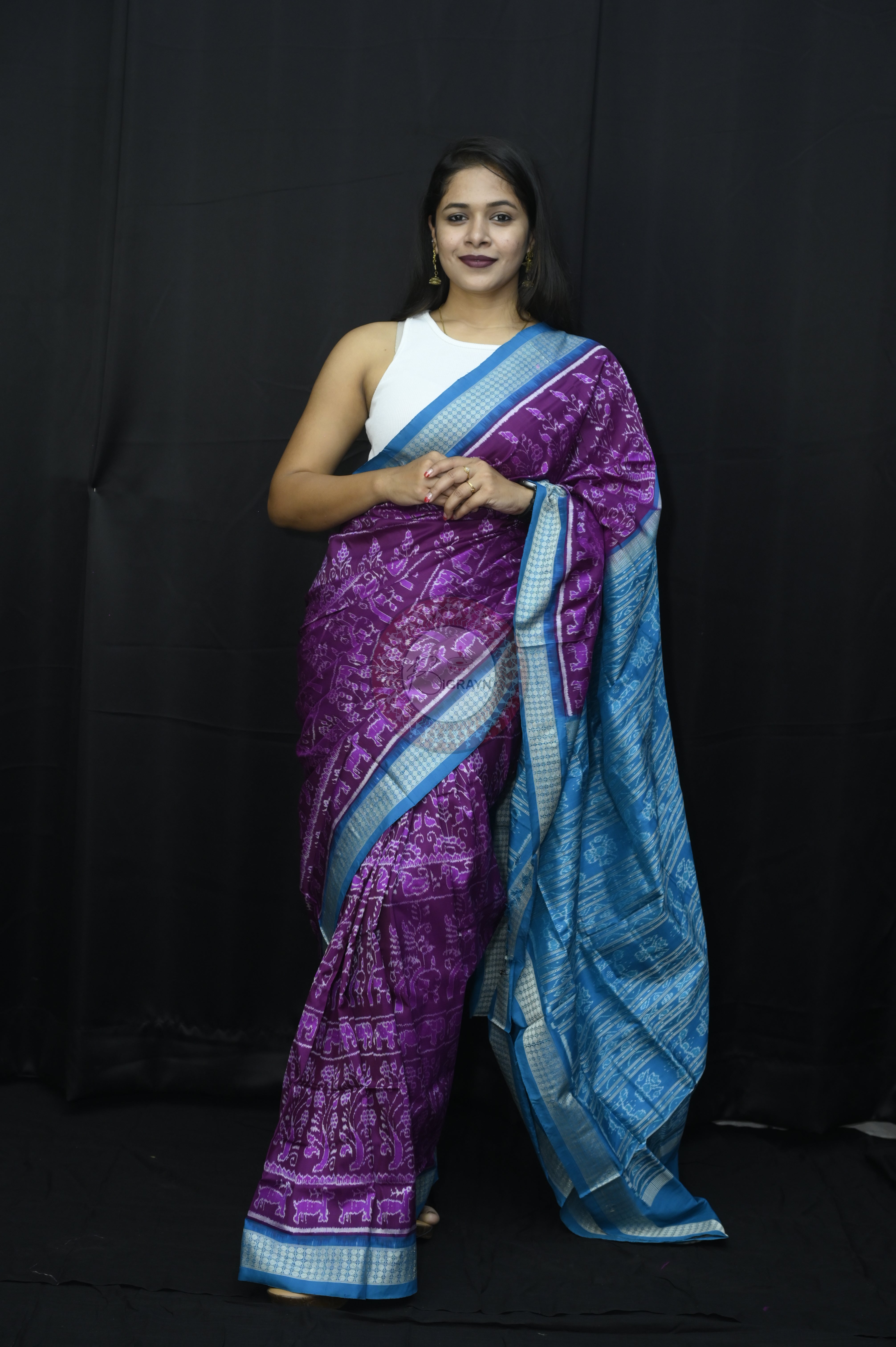 Purple Sky Blue Tribal And Animal Sambalpuri Silk Saree