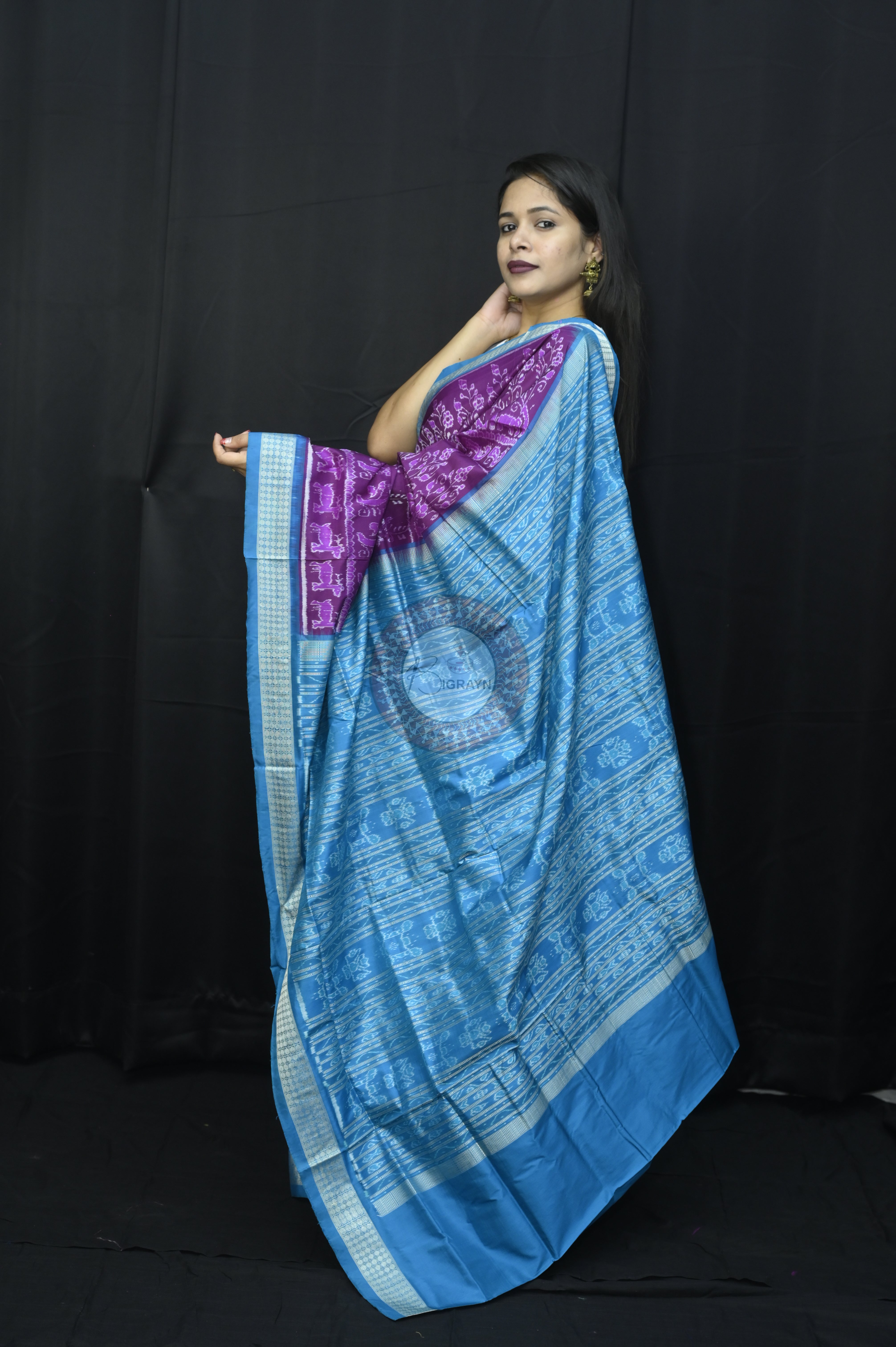Purple Sky Blue Tribal And Animal Sambalpuri Silk Saree