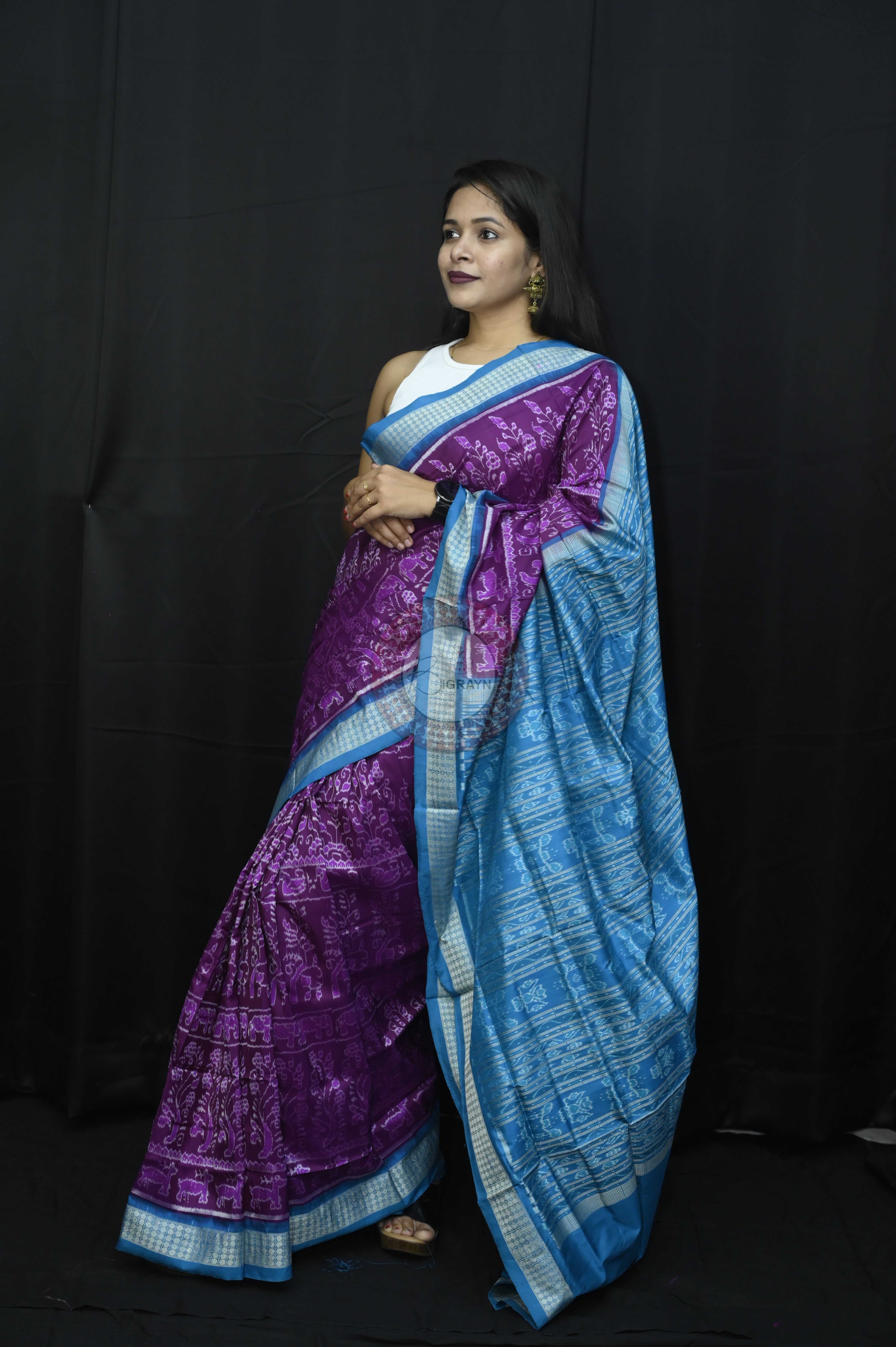 Purple Sky Blue Tribal And Animal Sambalpuri Silk Saree