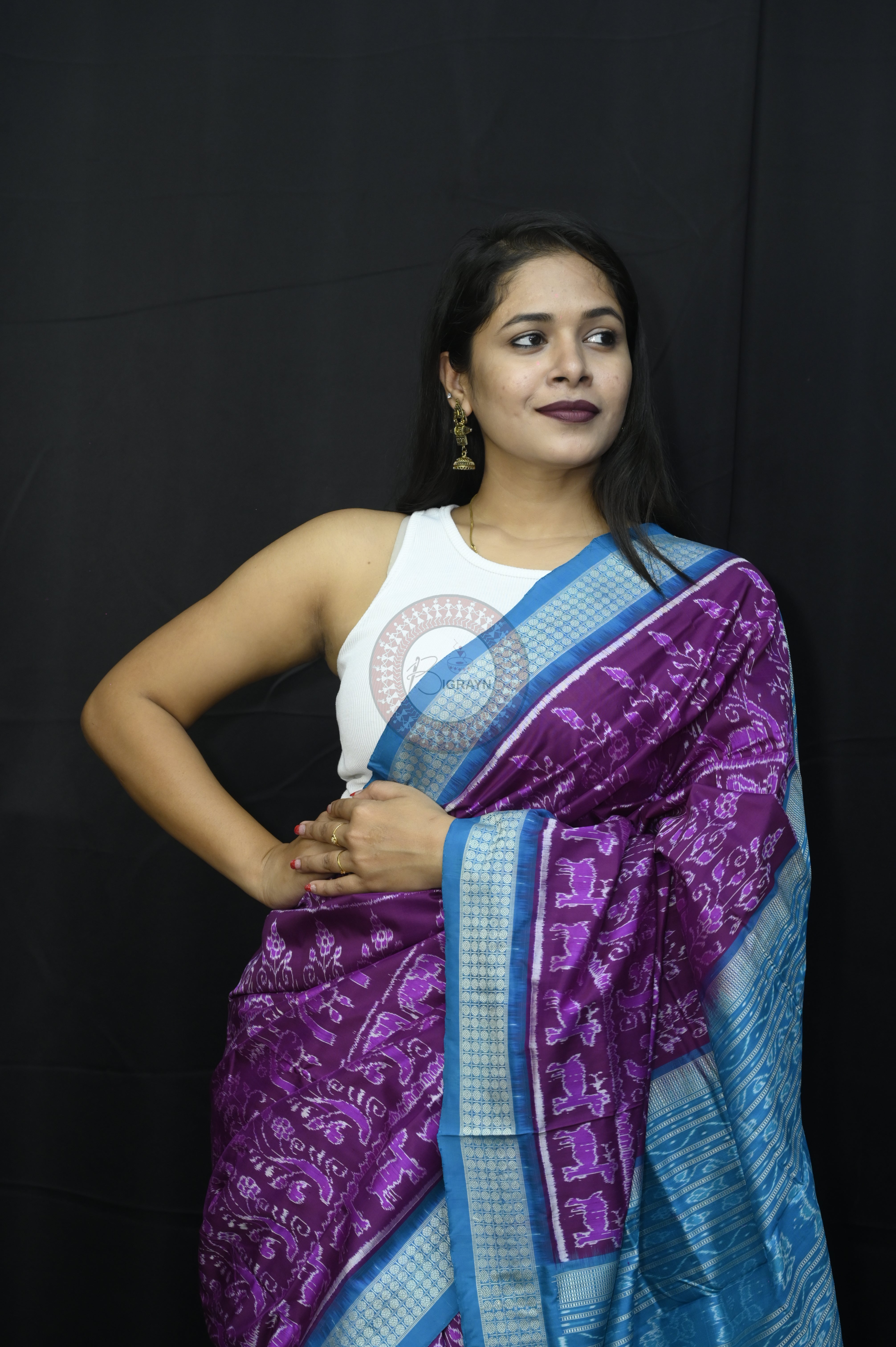Purple Sky Blue Tribal And Animal Sambalpuri Silk Saree