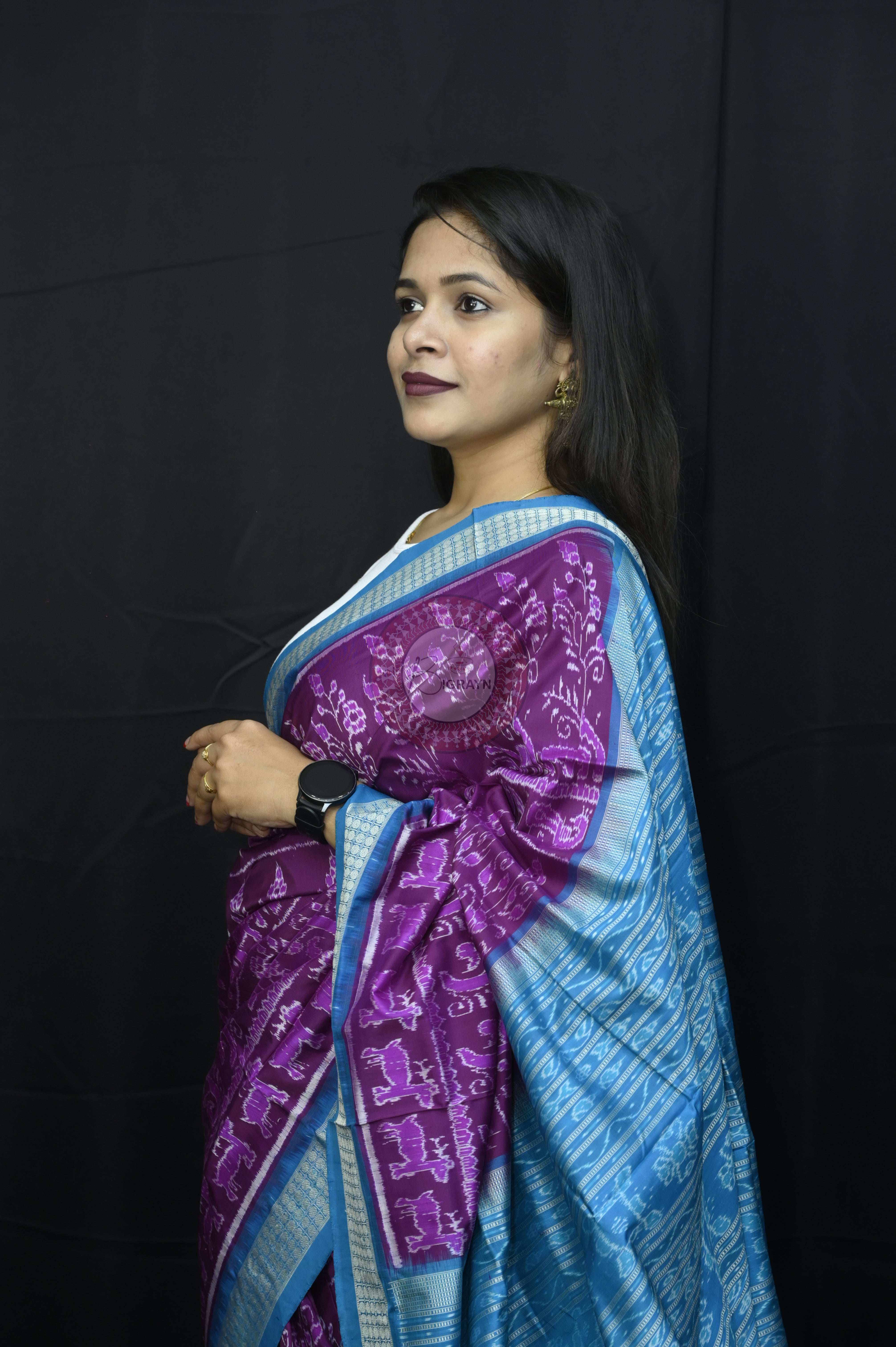 Purple Sky Blue Tribal And Animal Sambalpuri Silk Saree
