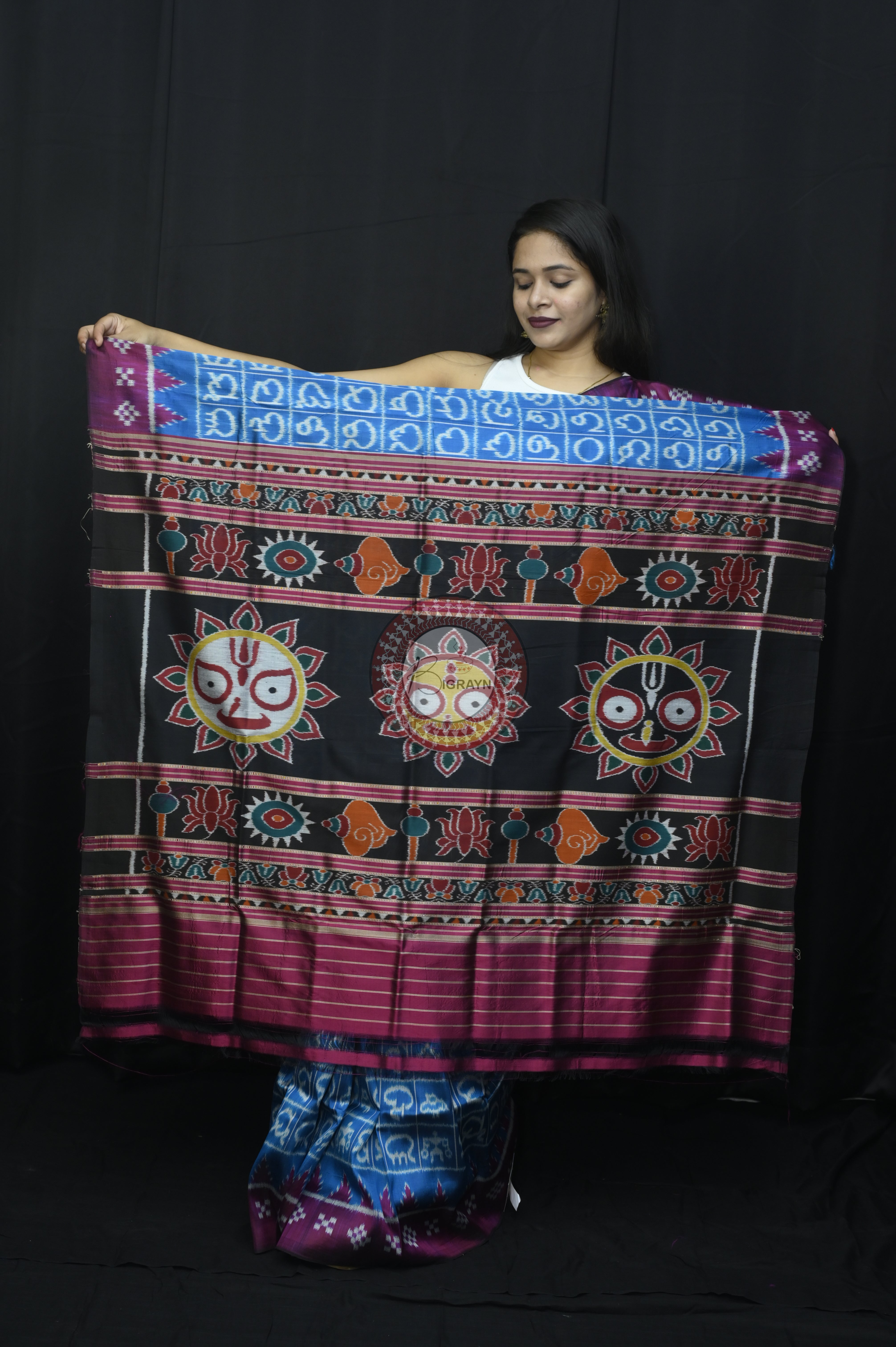 Copper Sulphate Magenta Odia Alphabet Mulberry Silk Saree