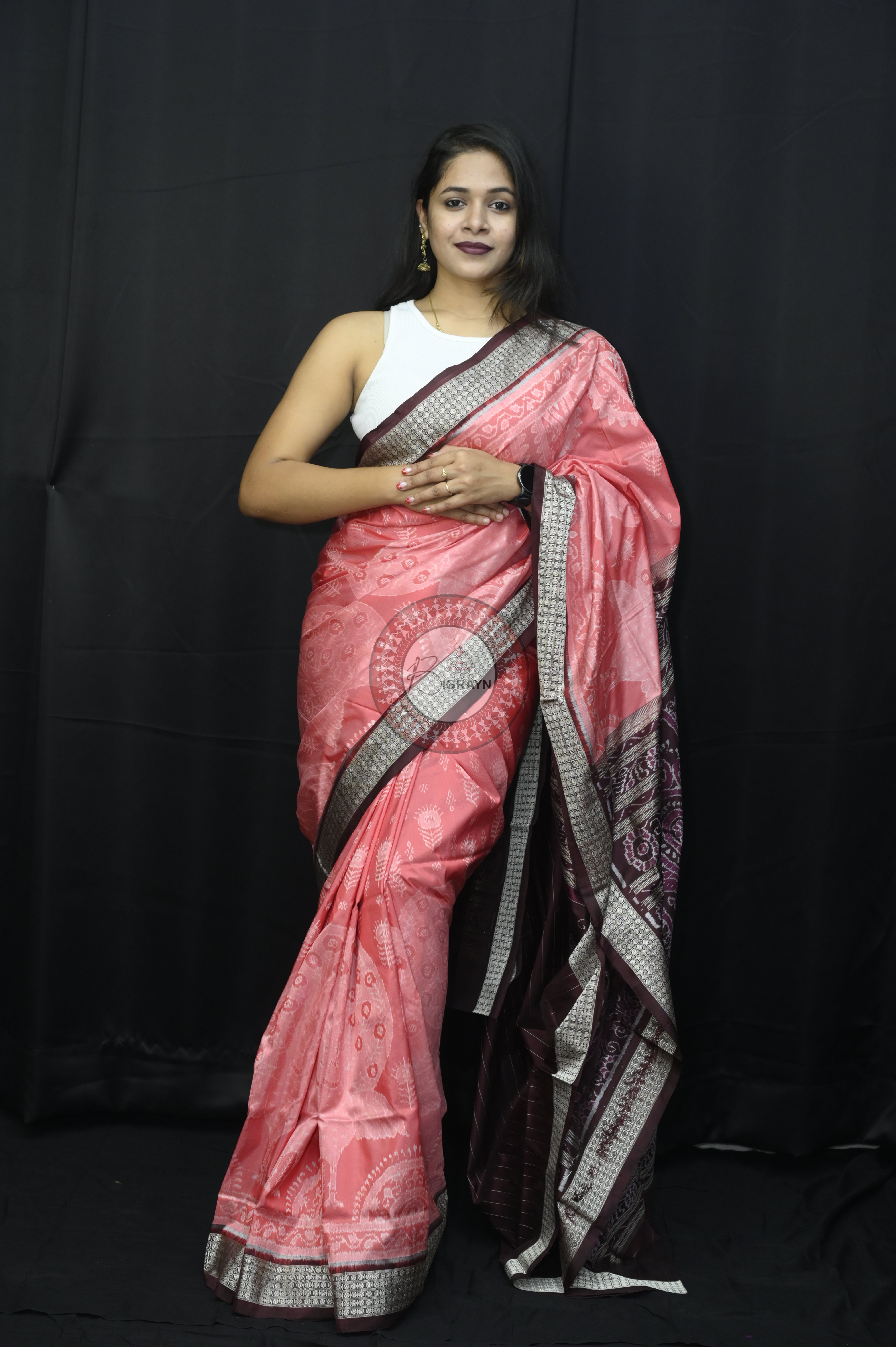 Peach Coffee Peacock Sambalpuri Silk Saree