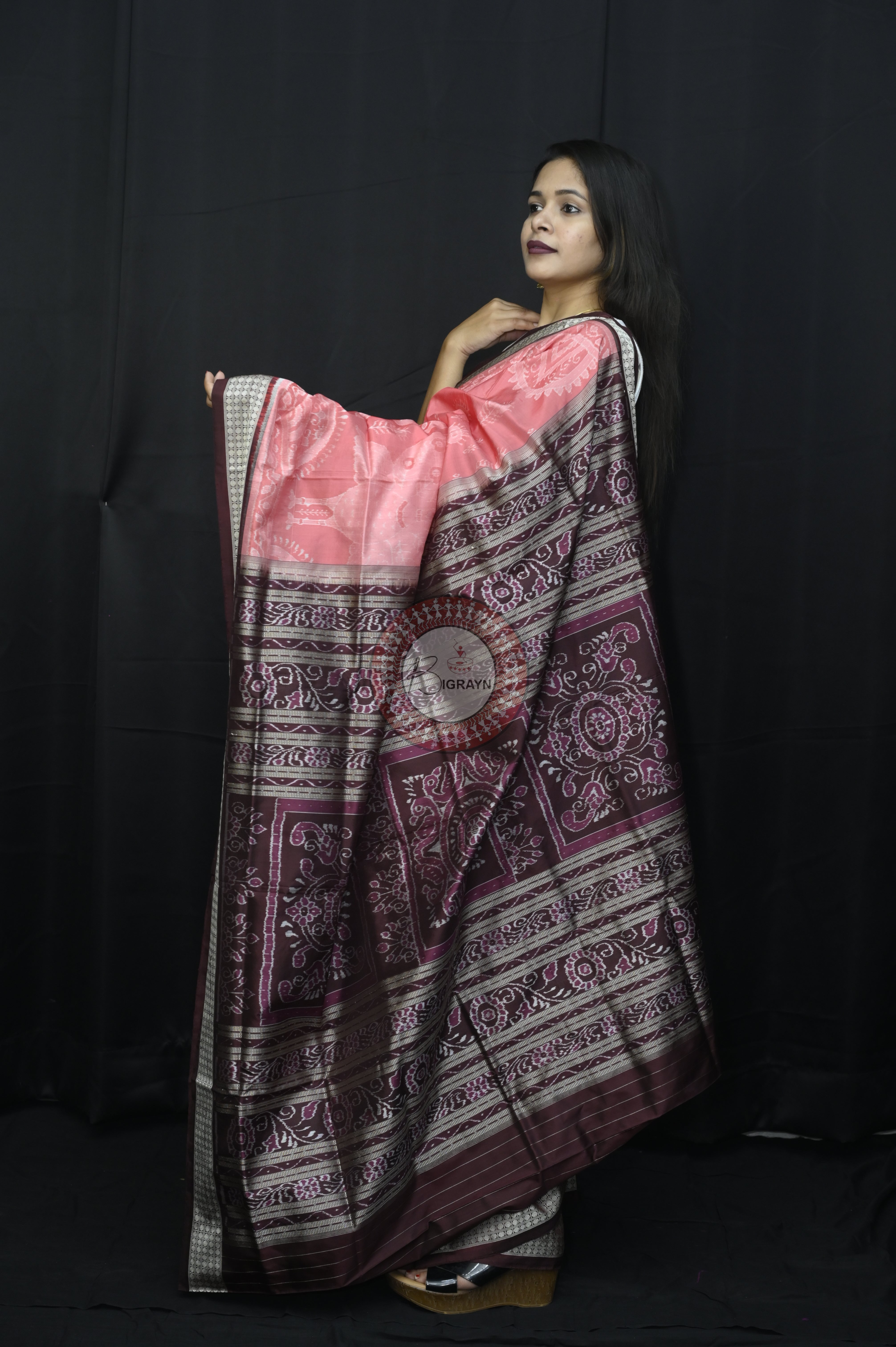 Peach Coffee Peacock Sambalpuri Silk Saree