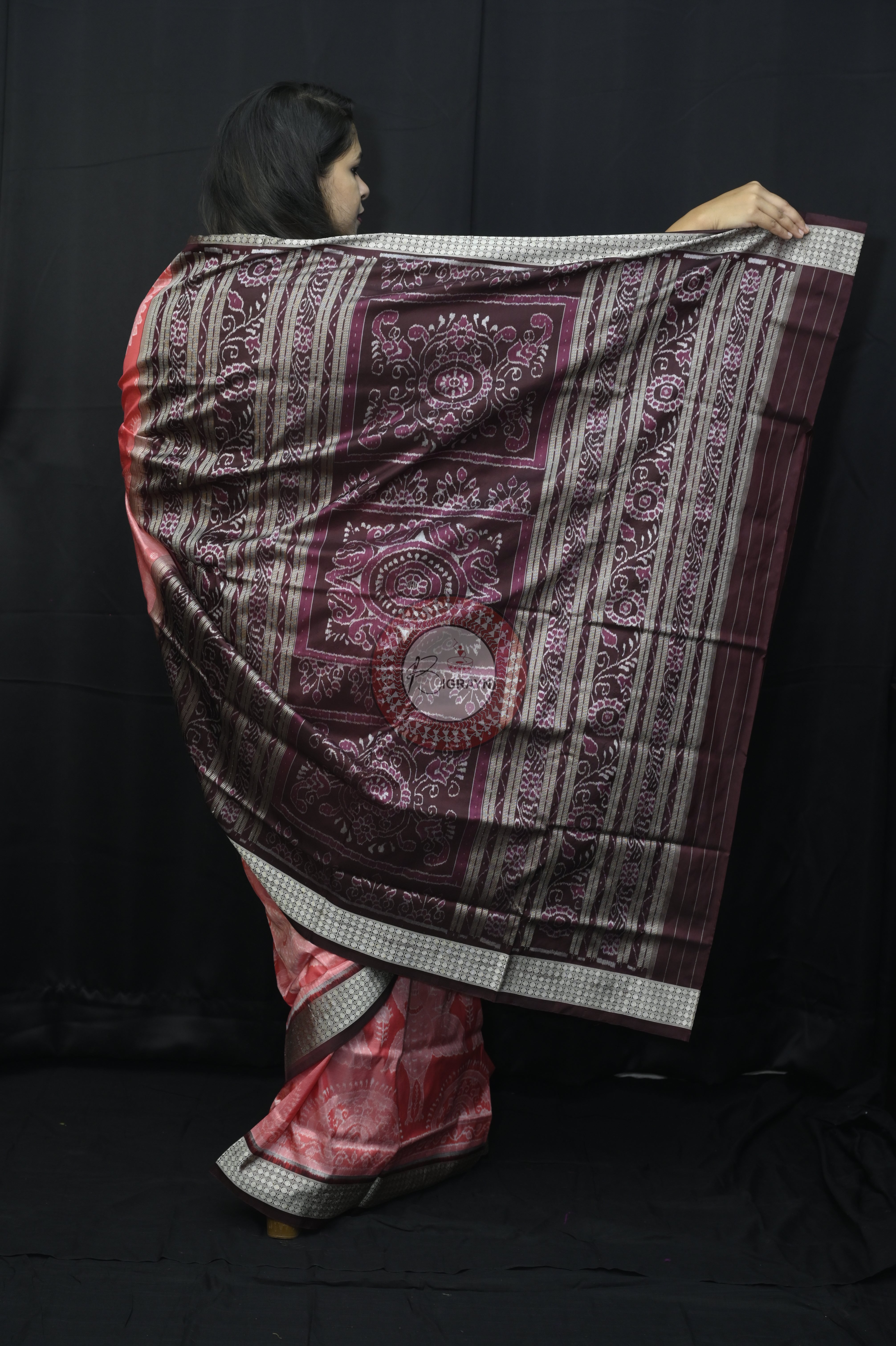 Peach Coffee Peacock Sambalpuri Silk Saree