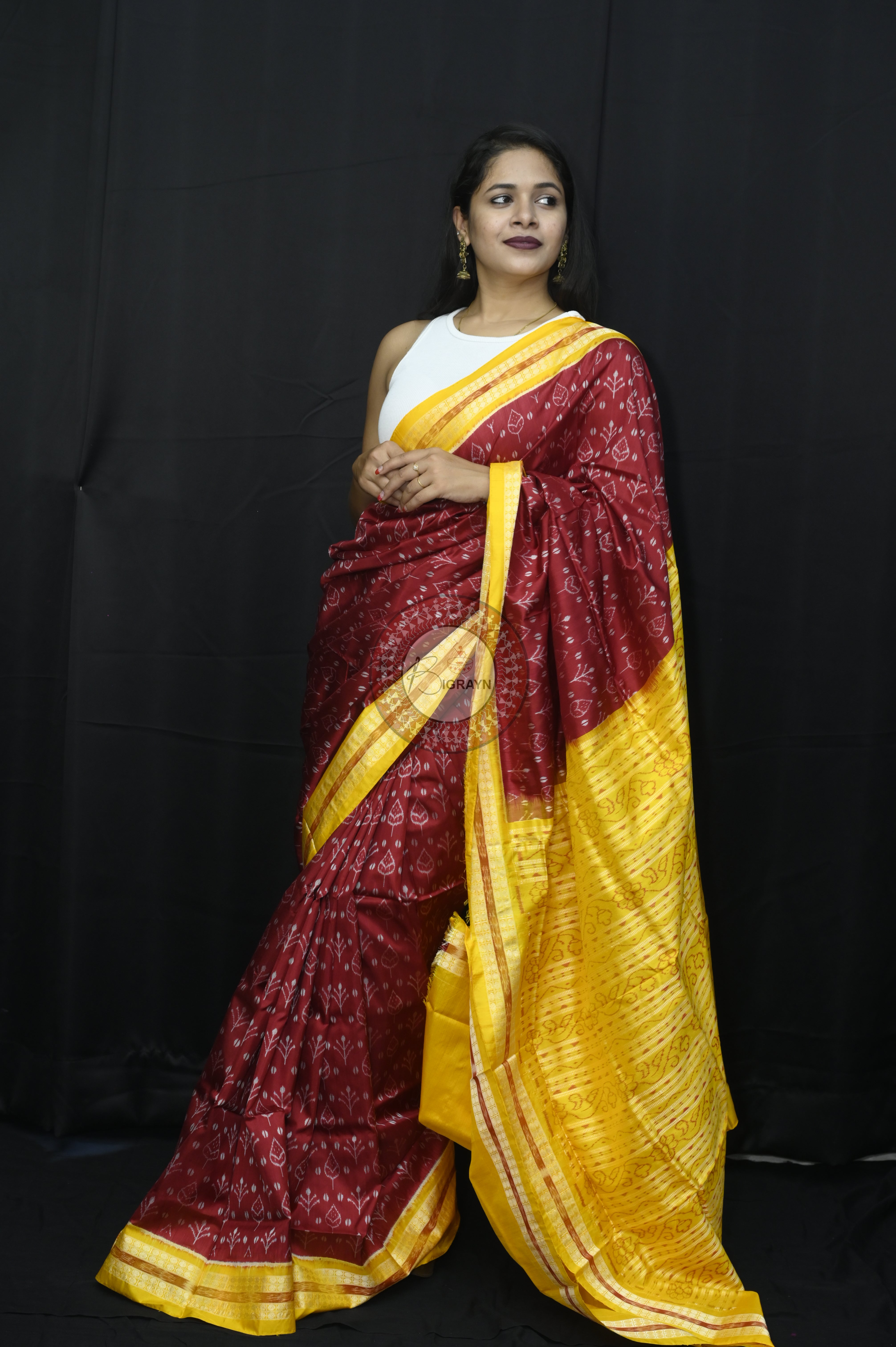 Maroon Yellow Flower Sambalpuri Silk Saree