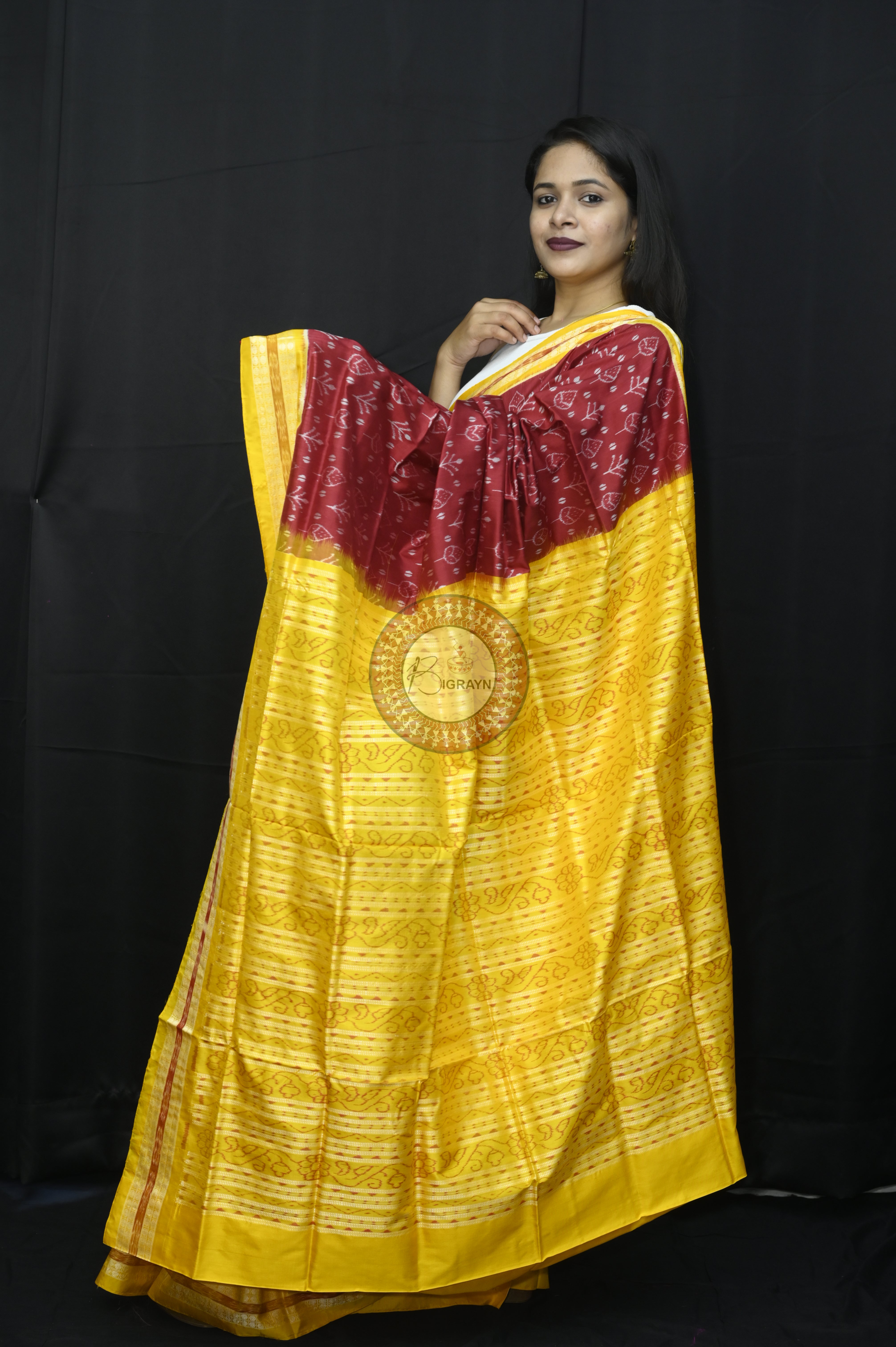 Maroon Yellow Flower Sambalpuri Silk Saree