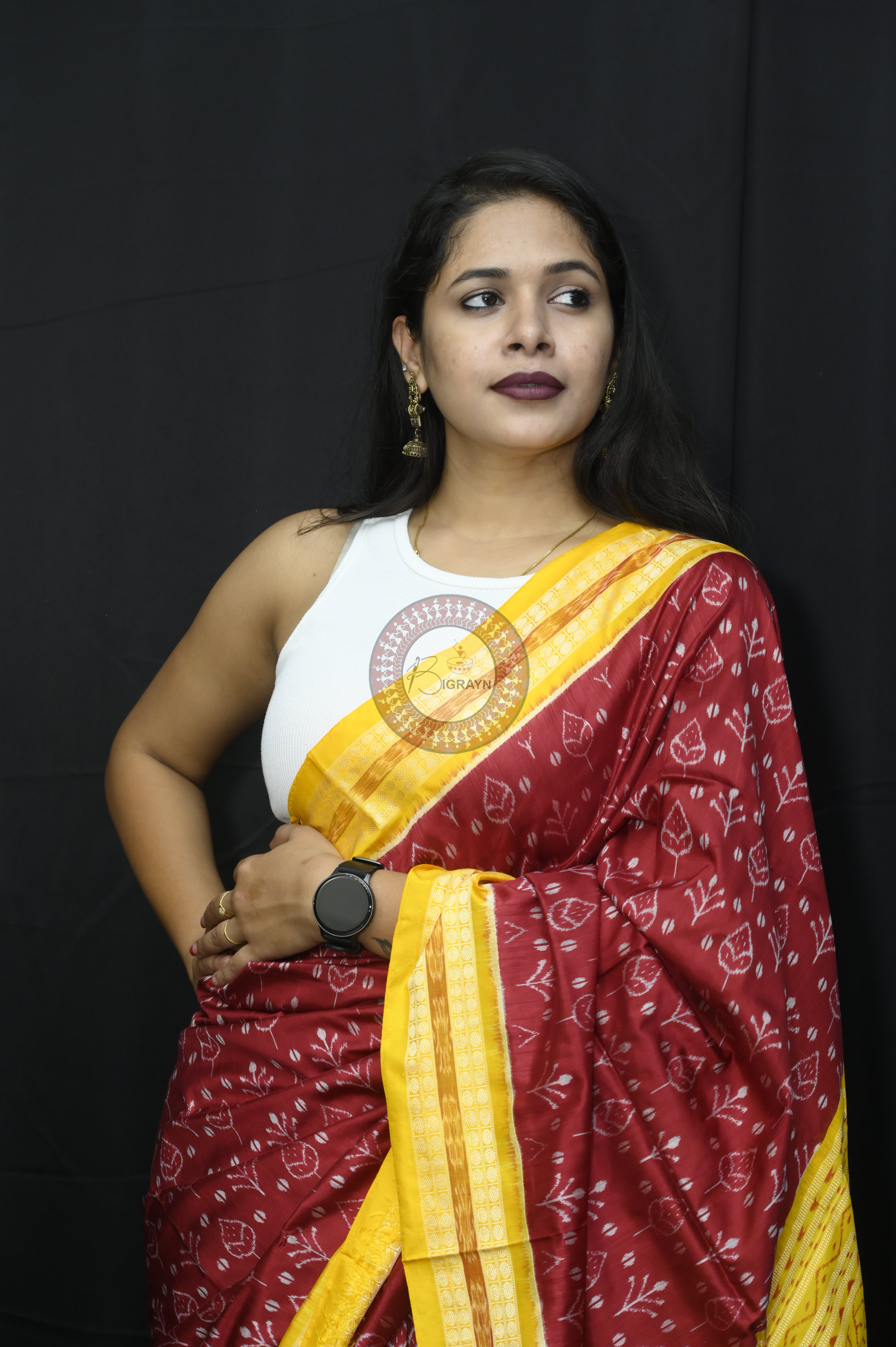 Maroon Yellow Flower Sambalpuri Silk Saree