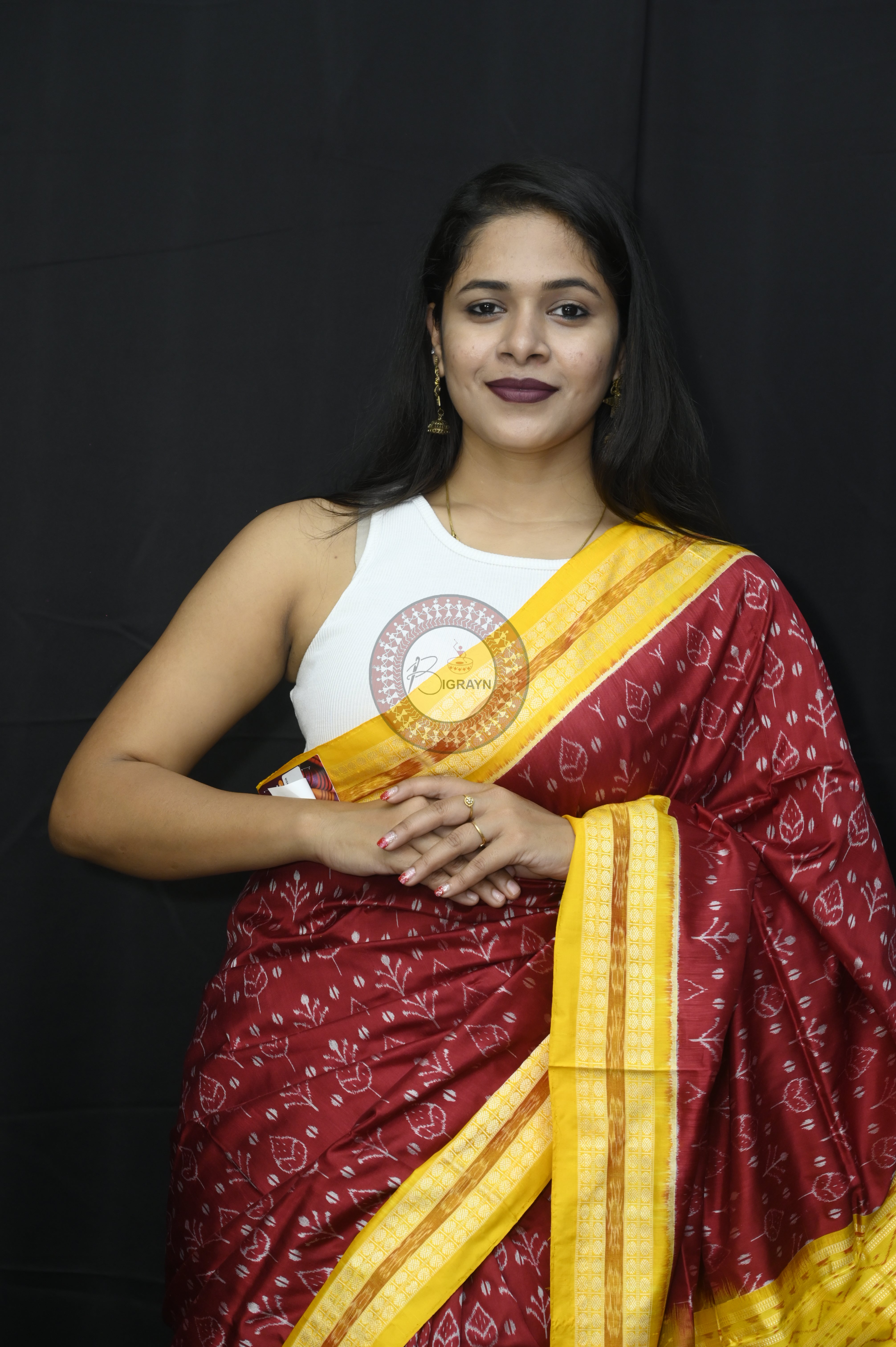 Maroon Yellow Flower Sambalpuri Silk Saree