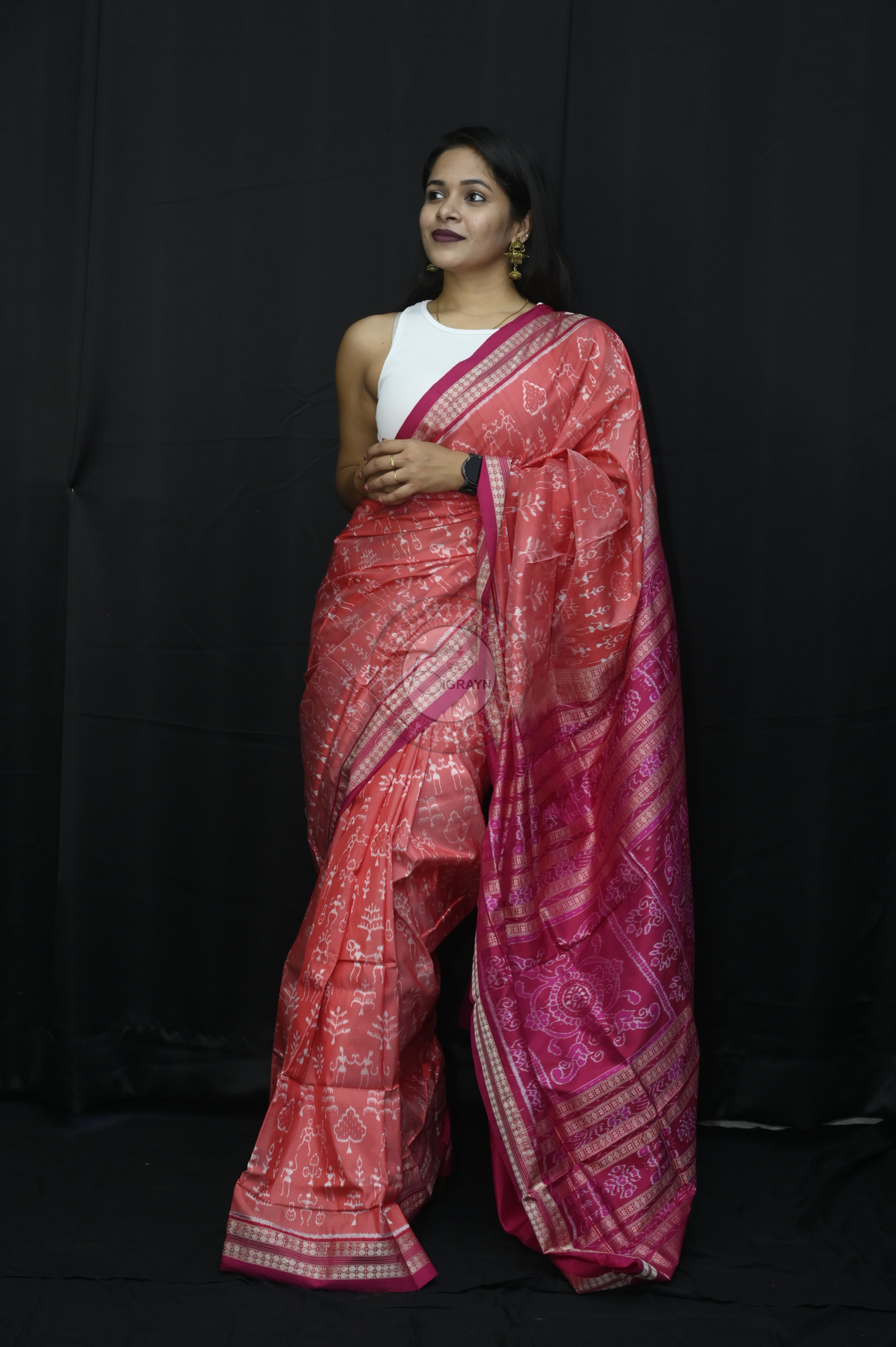 Peach Magenta Tribal And Tree Sambalpuri Silk Saree