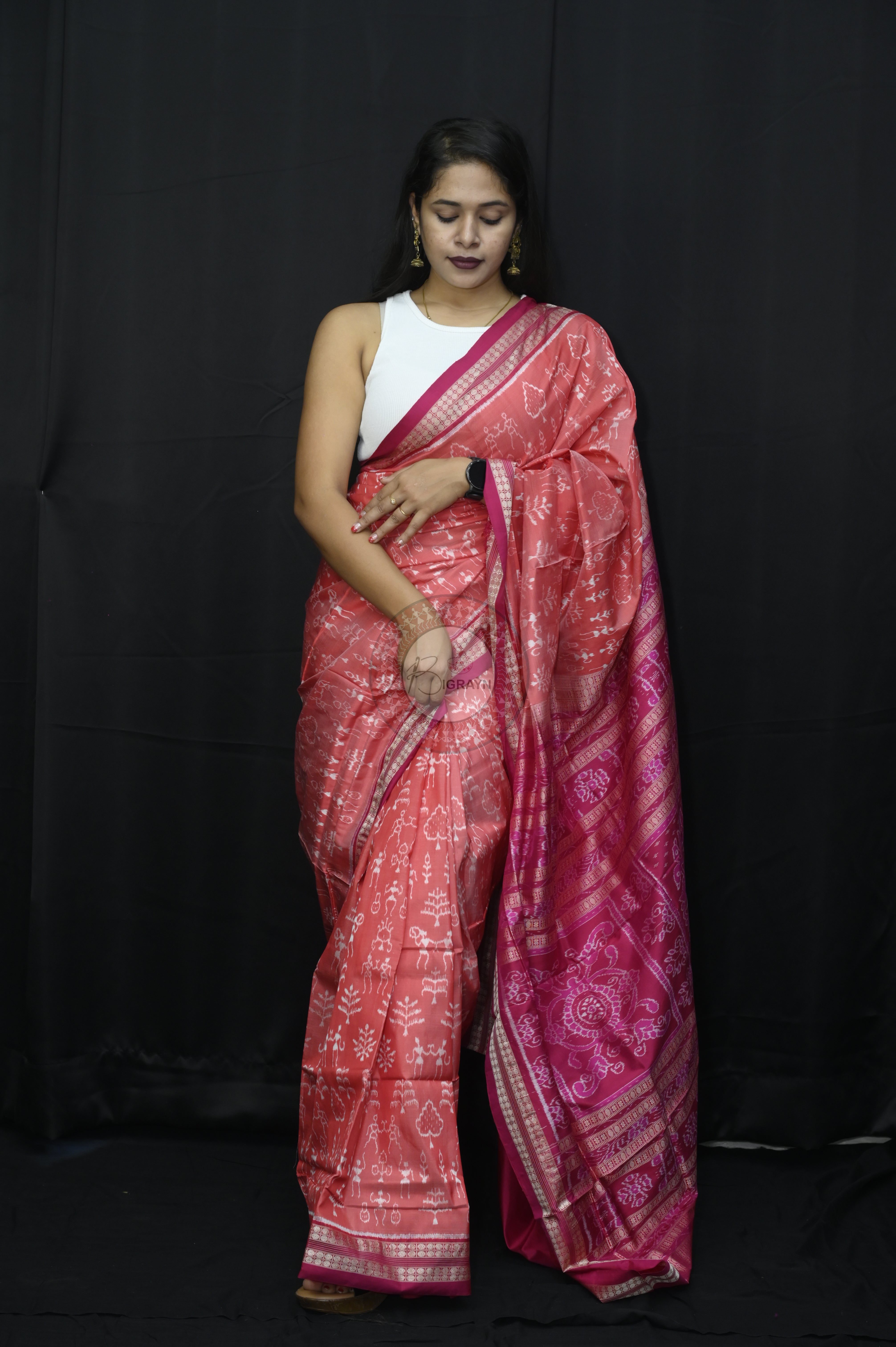 Peach Magenta Tribal And Tree Sambalpuri Silk Saree