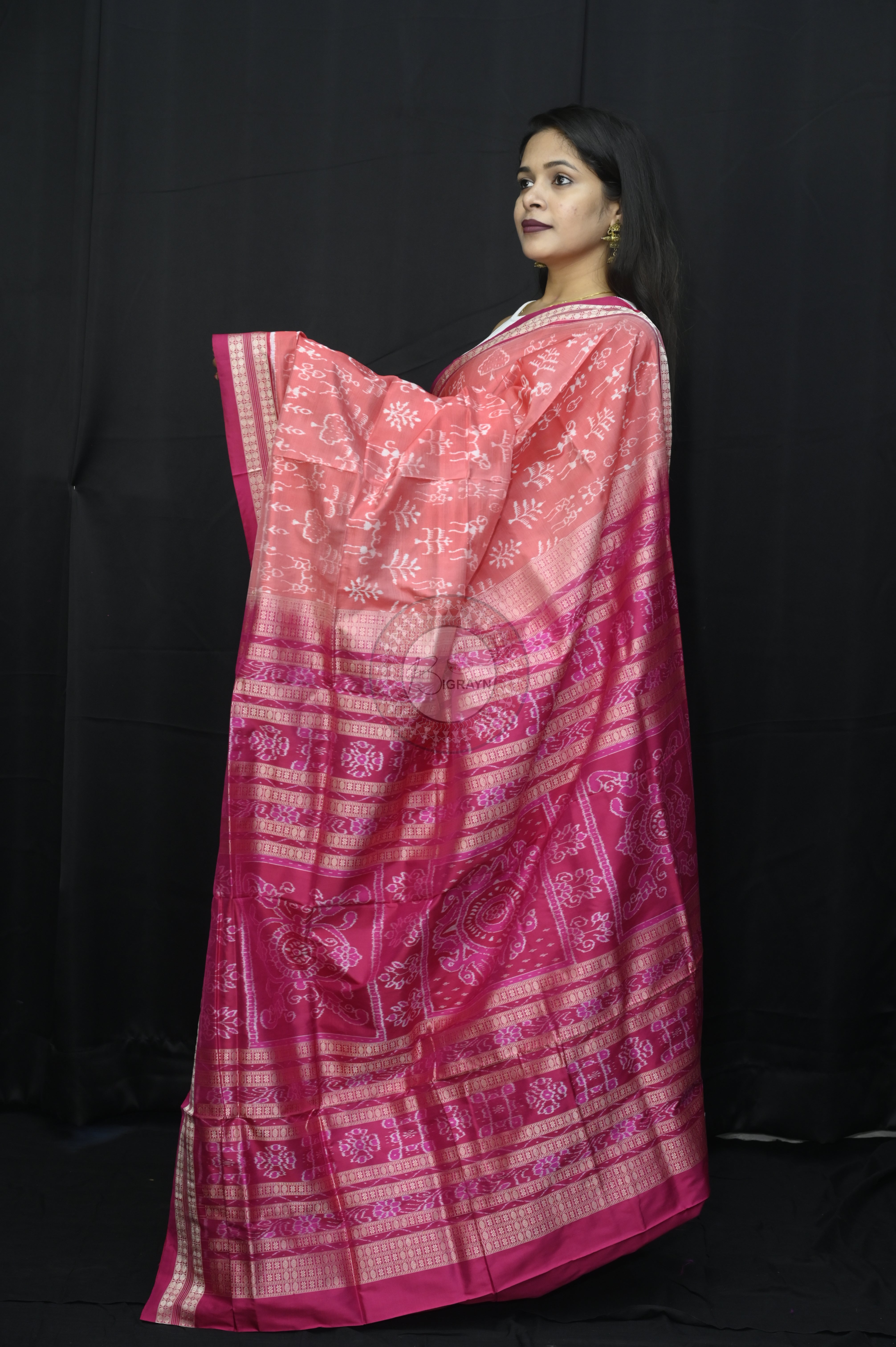 Peach Magenta Tribal And Tree Sambalpuri Silk Saree