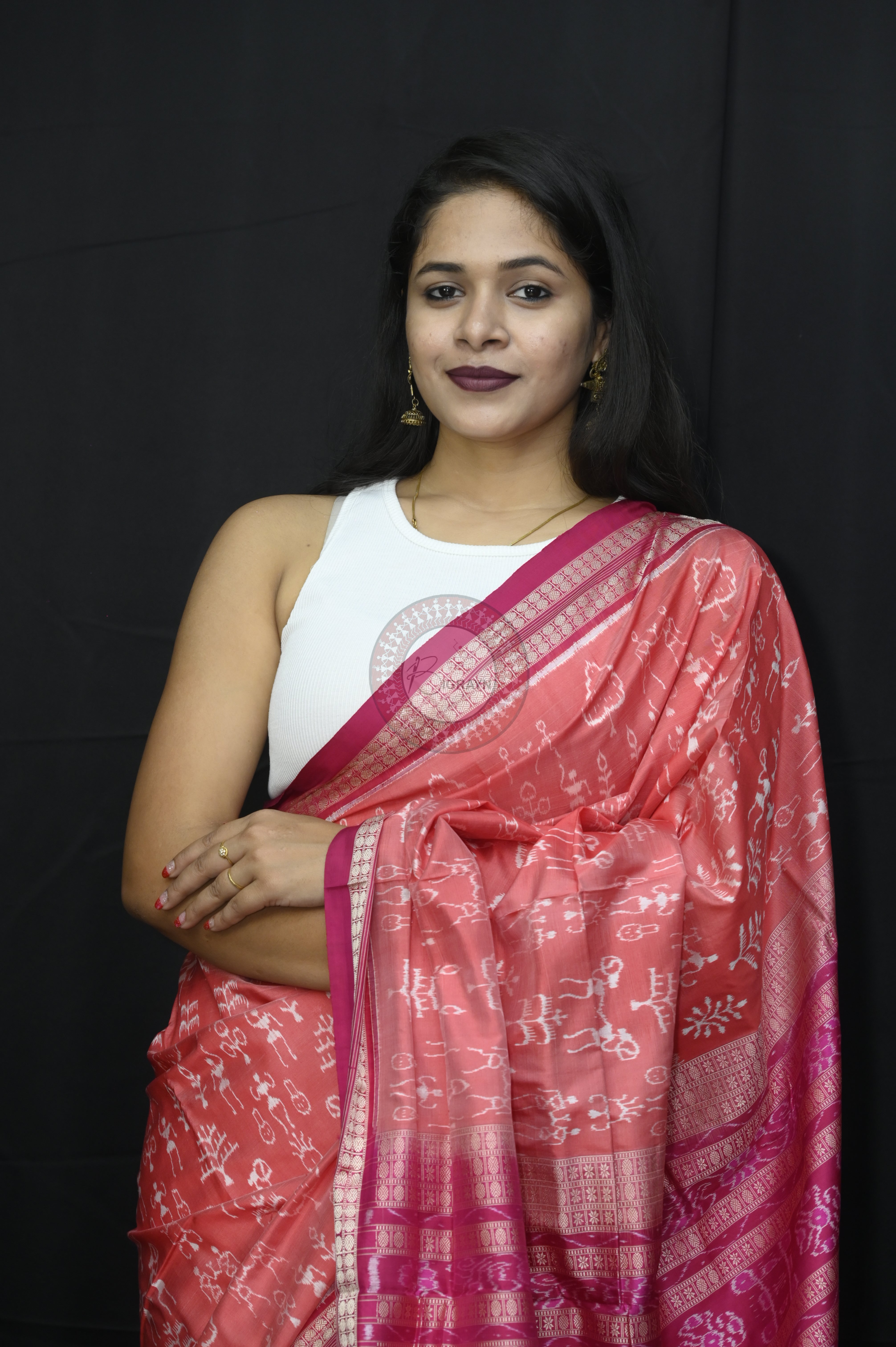 Peach Magenta Tribal And Tree Sambalpuri Silk Saree