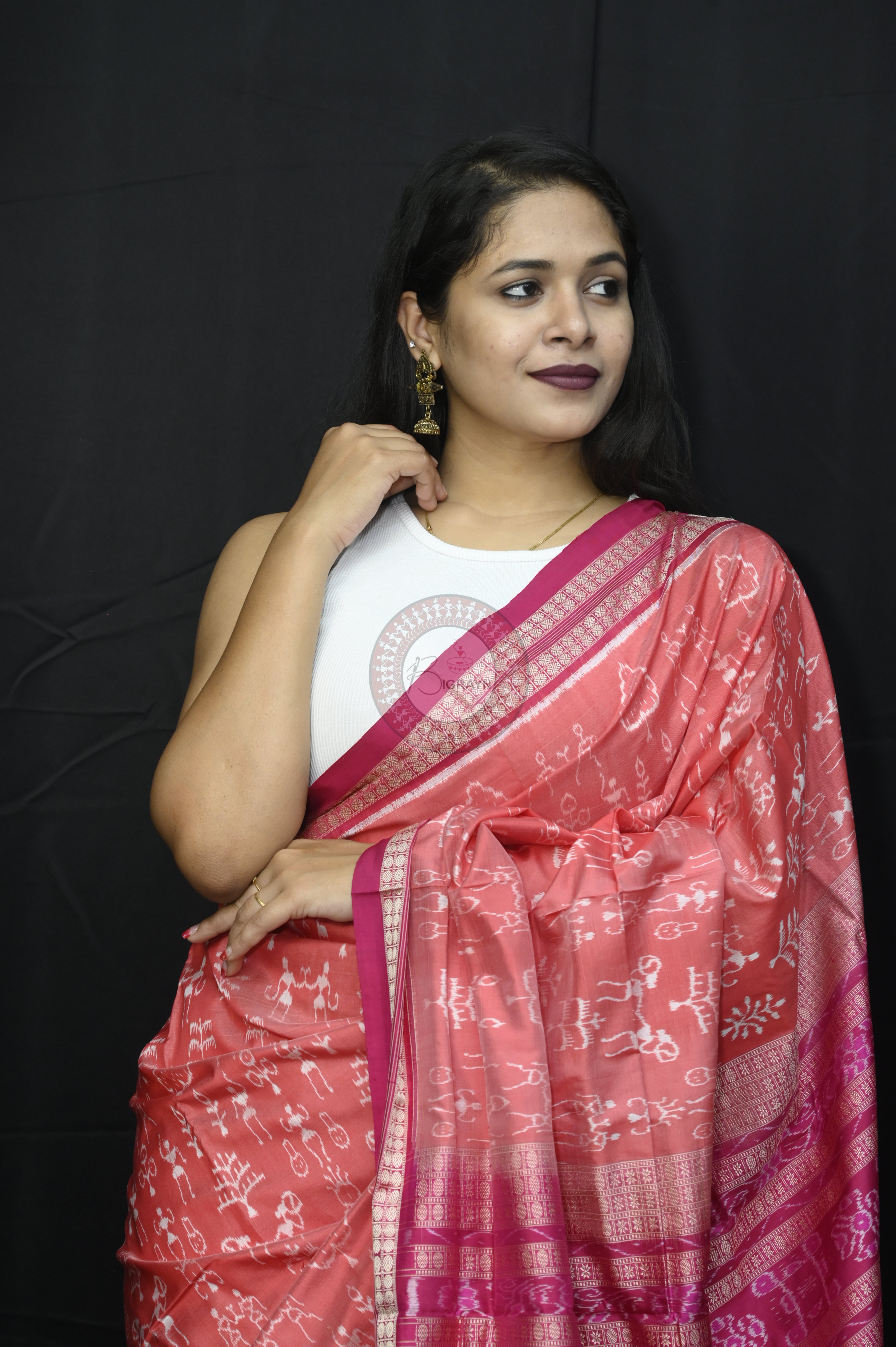 Peach Magenta Tribal And Tree Sambalpuri Silk Saree