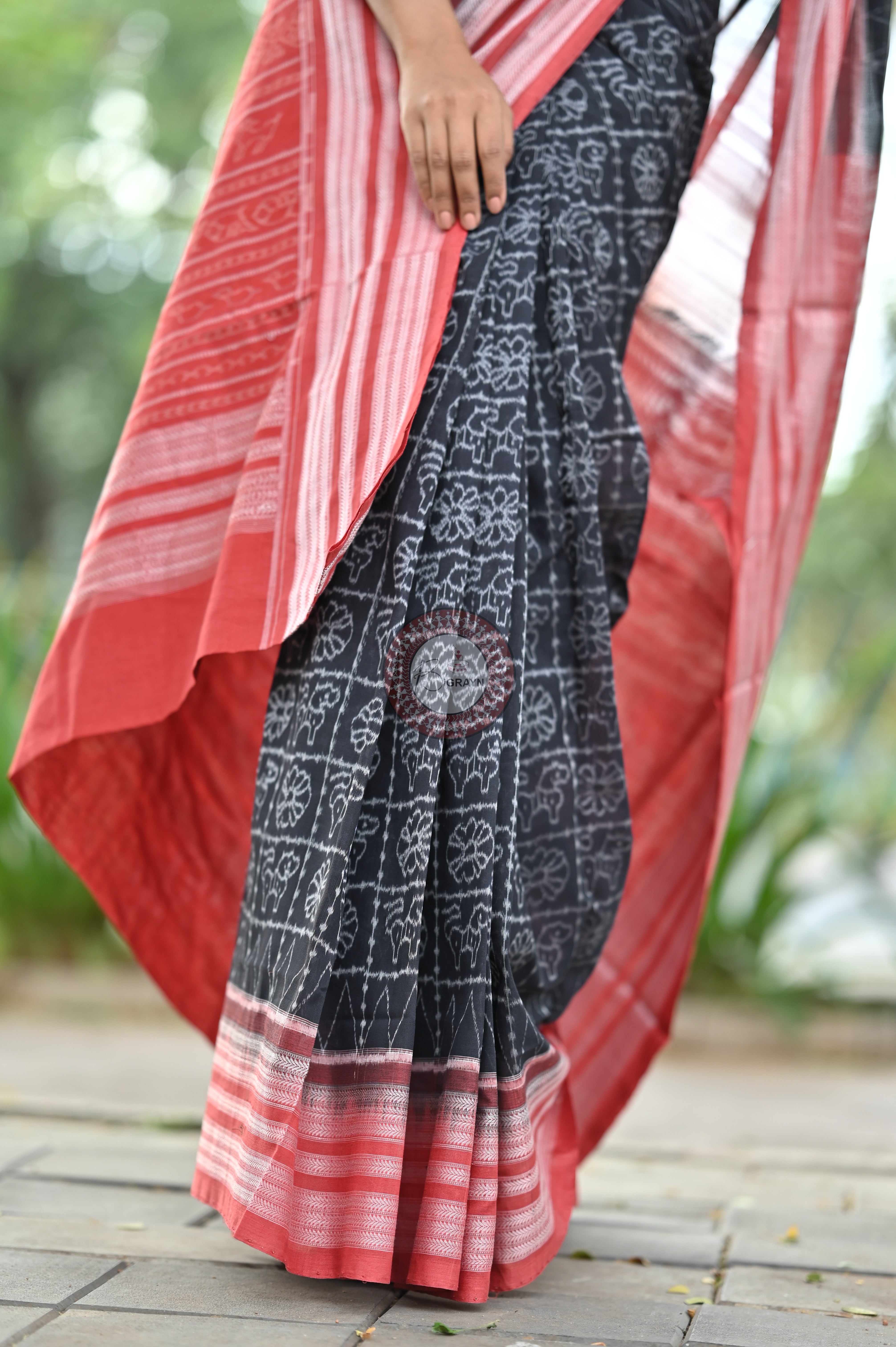 Black Animal & Flowers Natural Dye Sambalpuri Cotton Saree