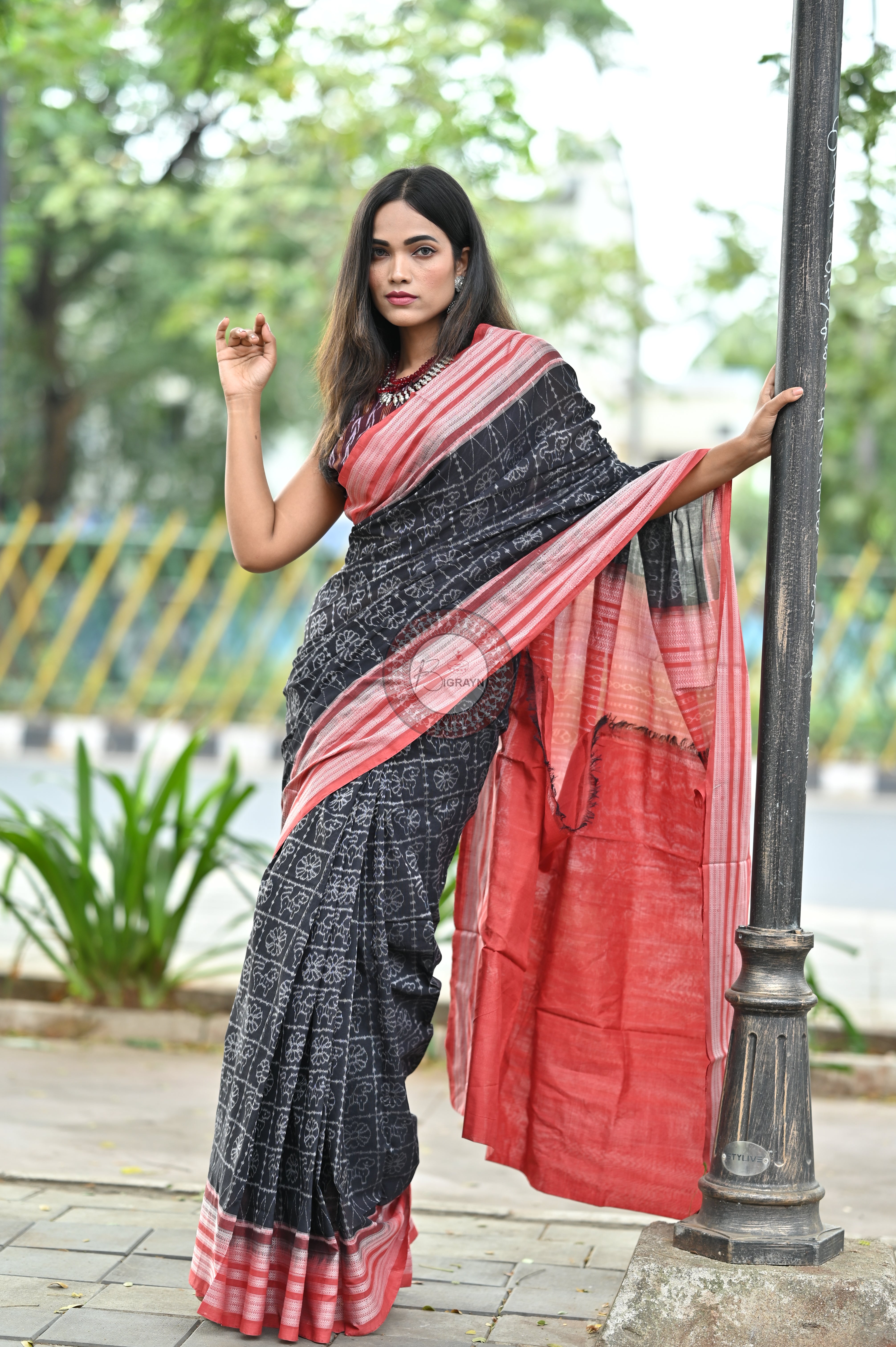 Black Animal & Flowers Natural Dye Sambalpuri Cotton Saree