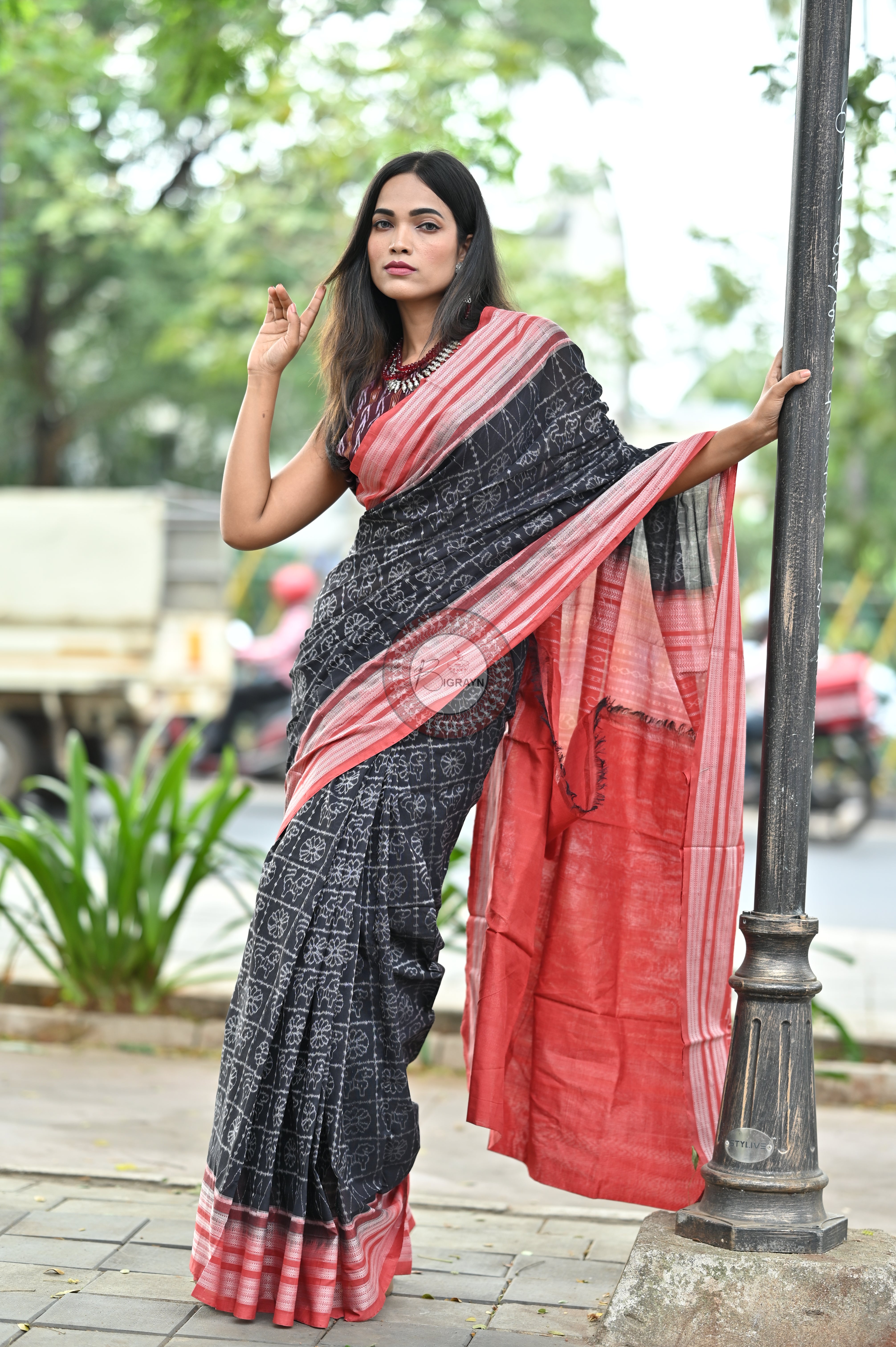 Black Animal & Flowers Natural Dye Sambalpuri Cotton Saree