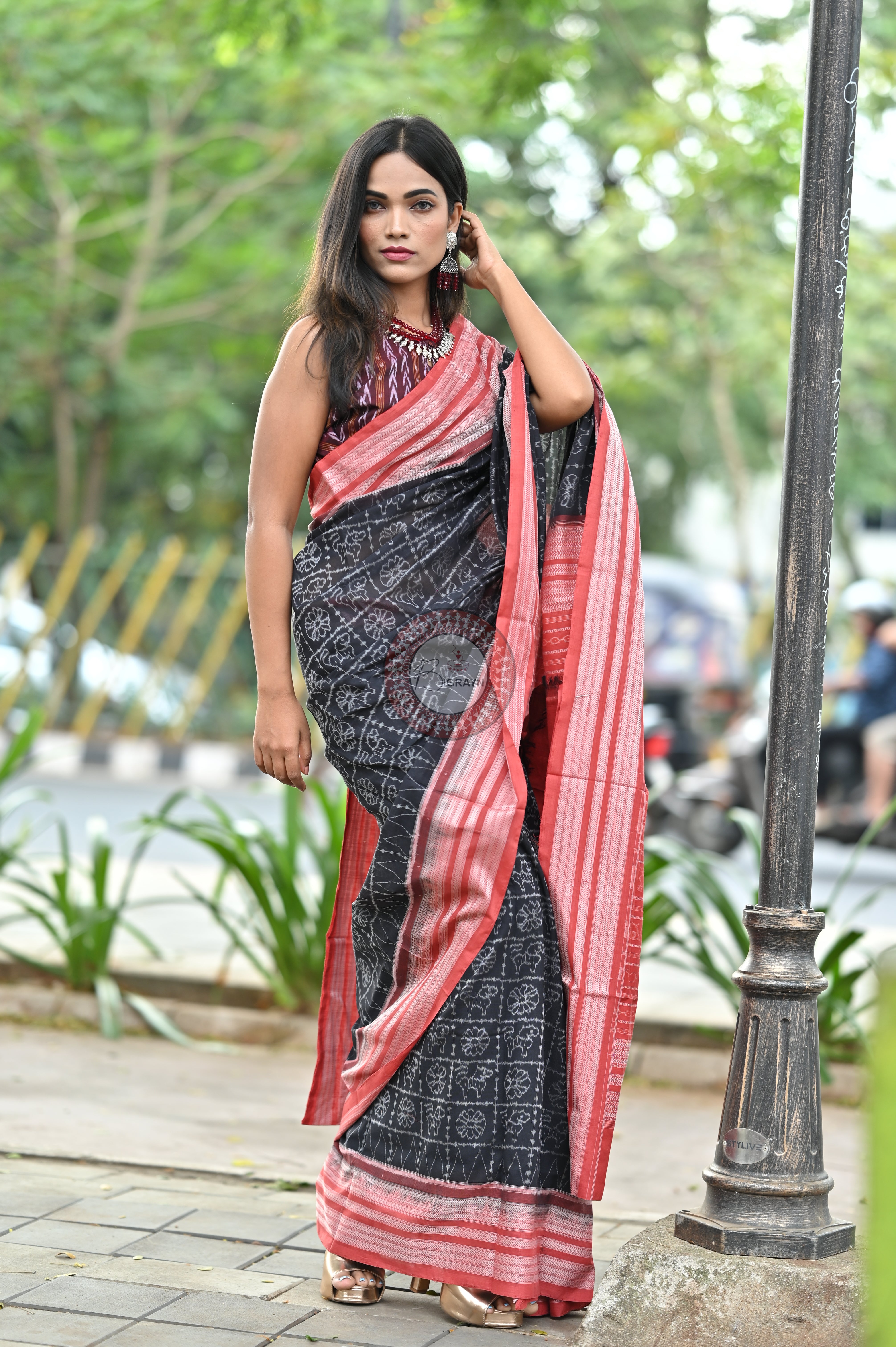 Black Animal & Flowers Natural Dye Sambalpuri Cotton Saree