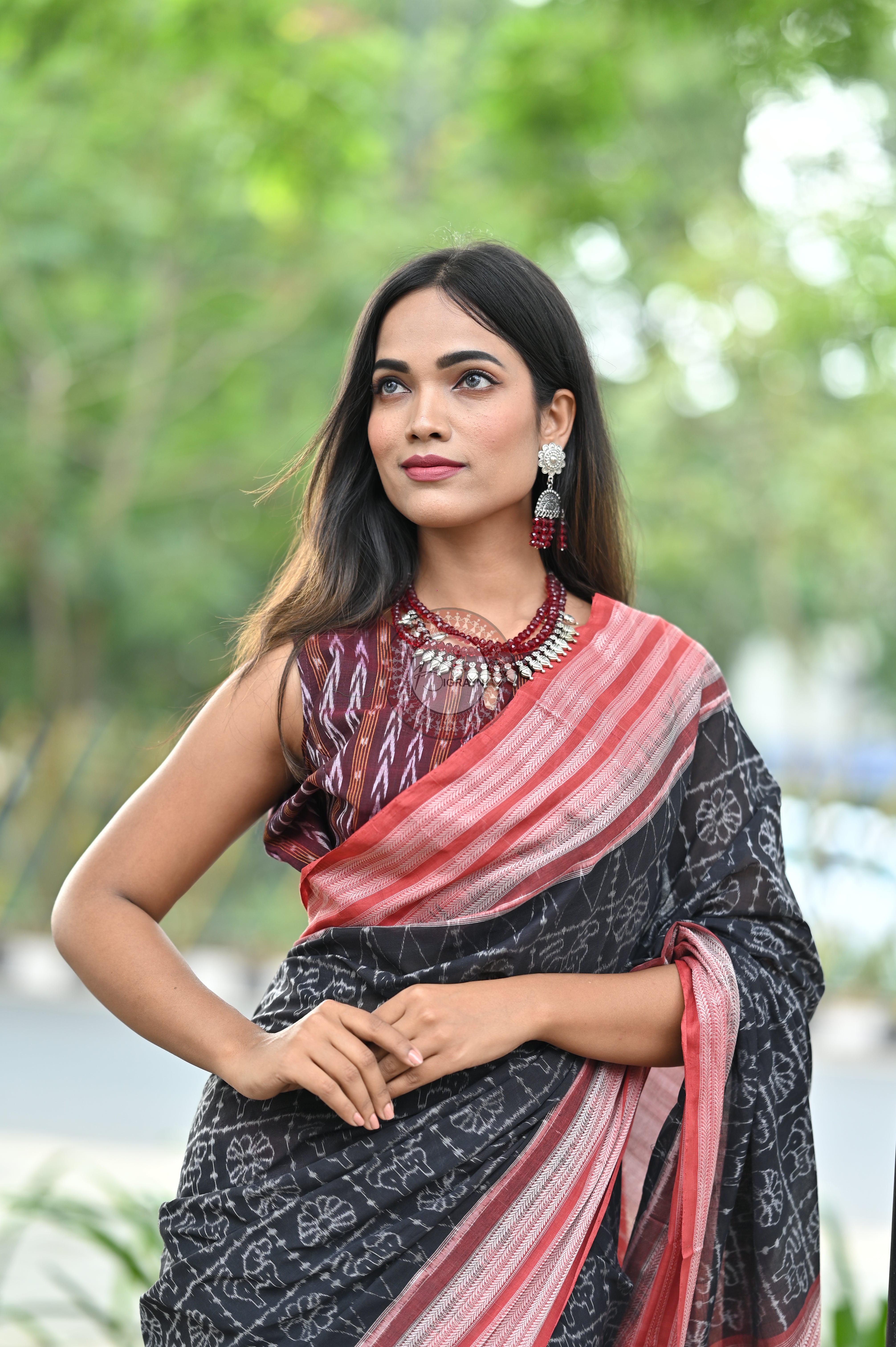 Black Animal & Flowers Natural Dye Sambalpuri Cotton Saree