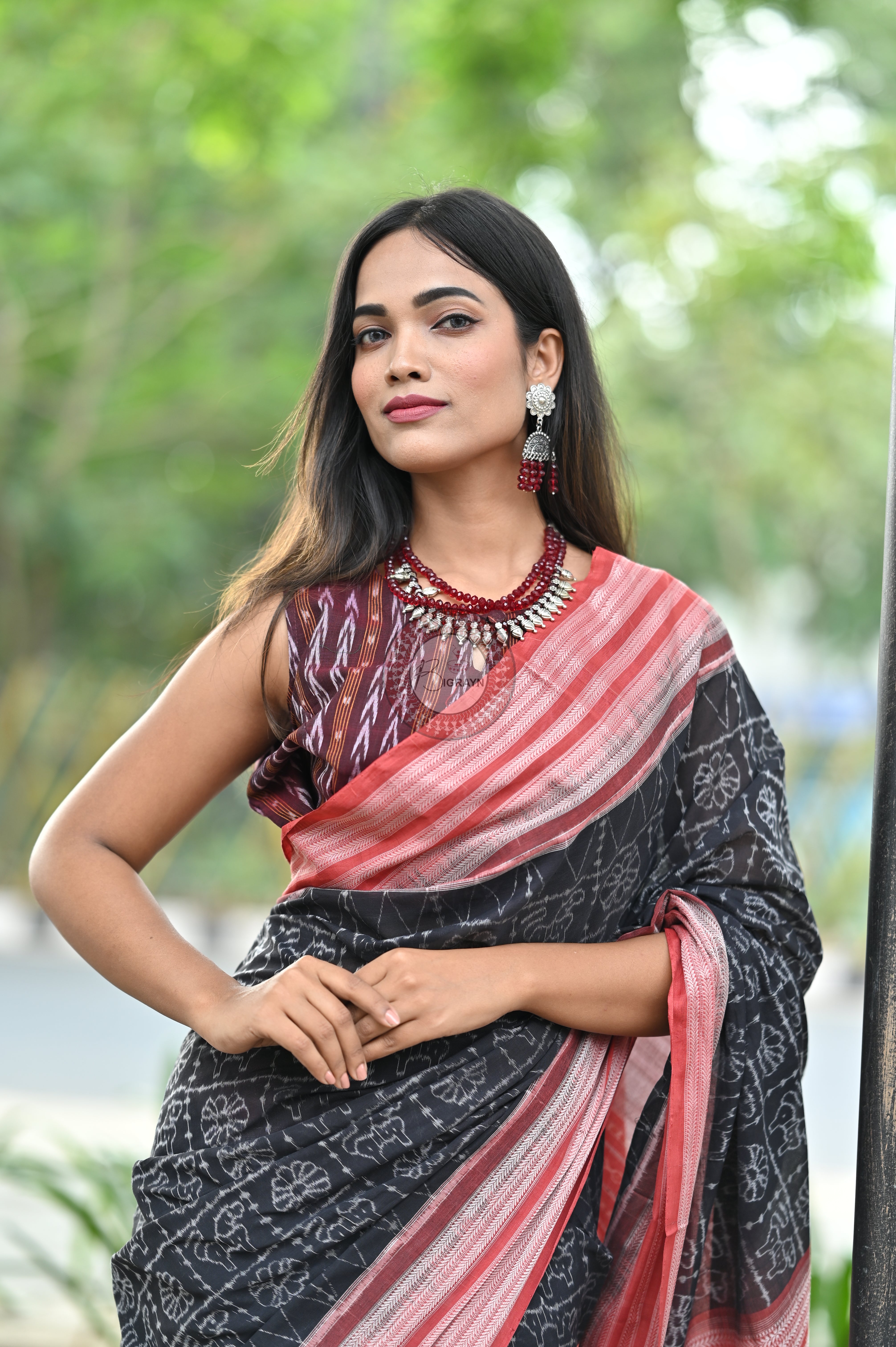 Black Animal & Flowers Natural Dye Sambalpuri Cotton Saree