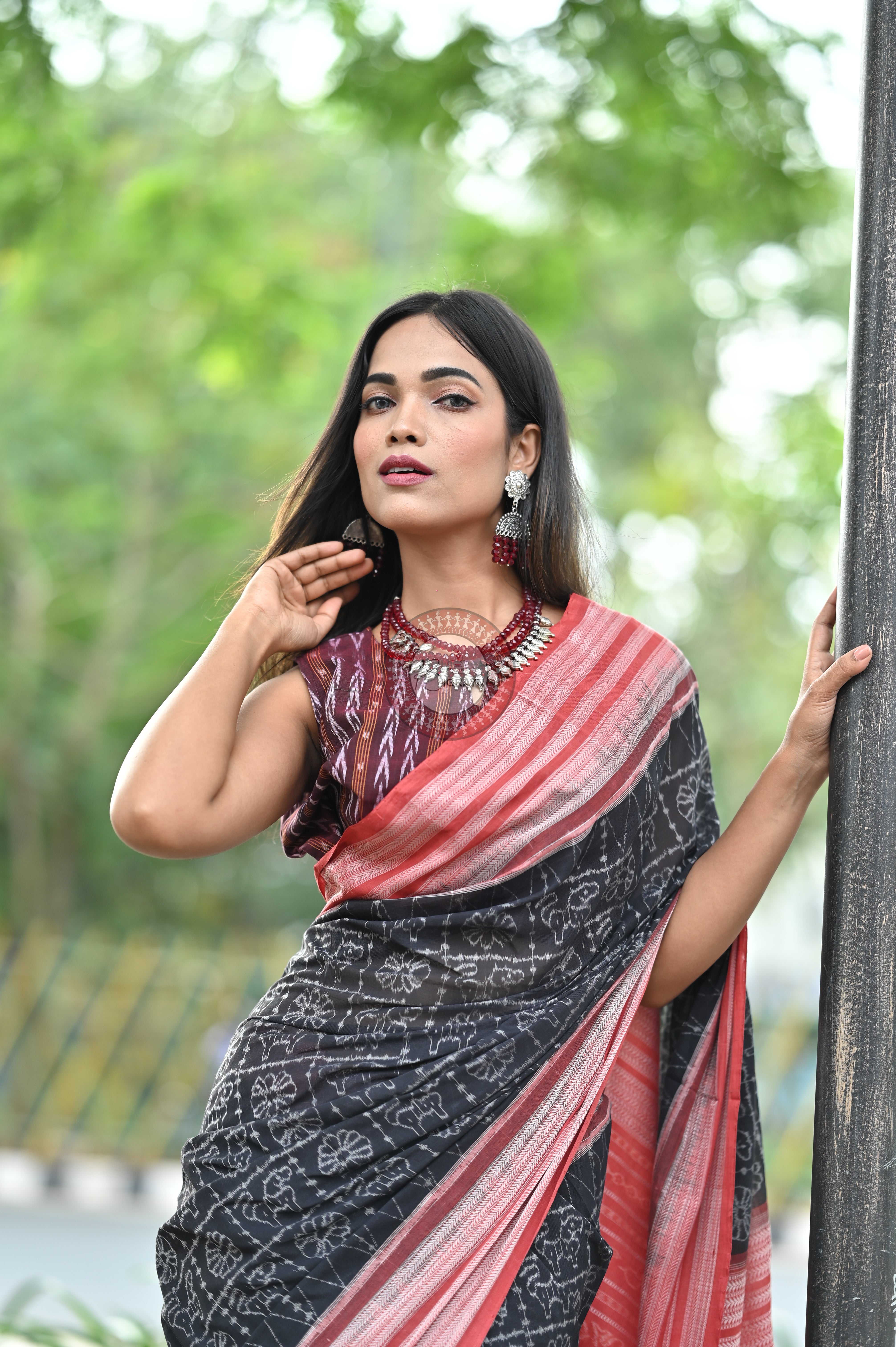 Black Animal & Flowers Natural Dye Sambalpuri Cotton Saree